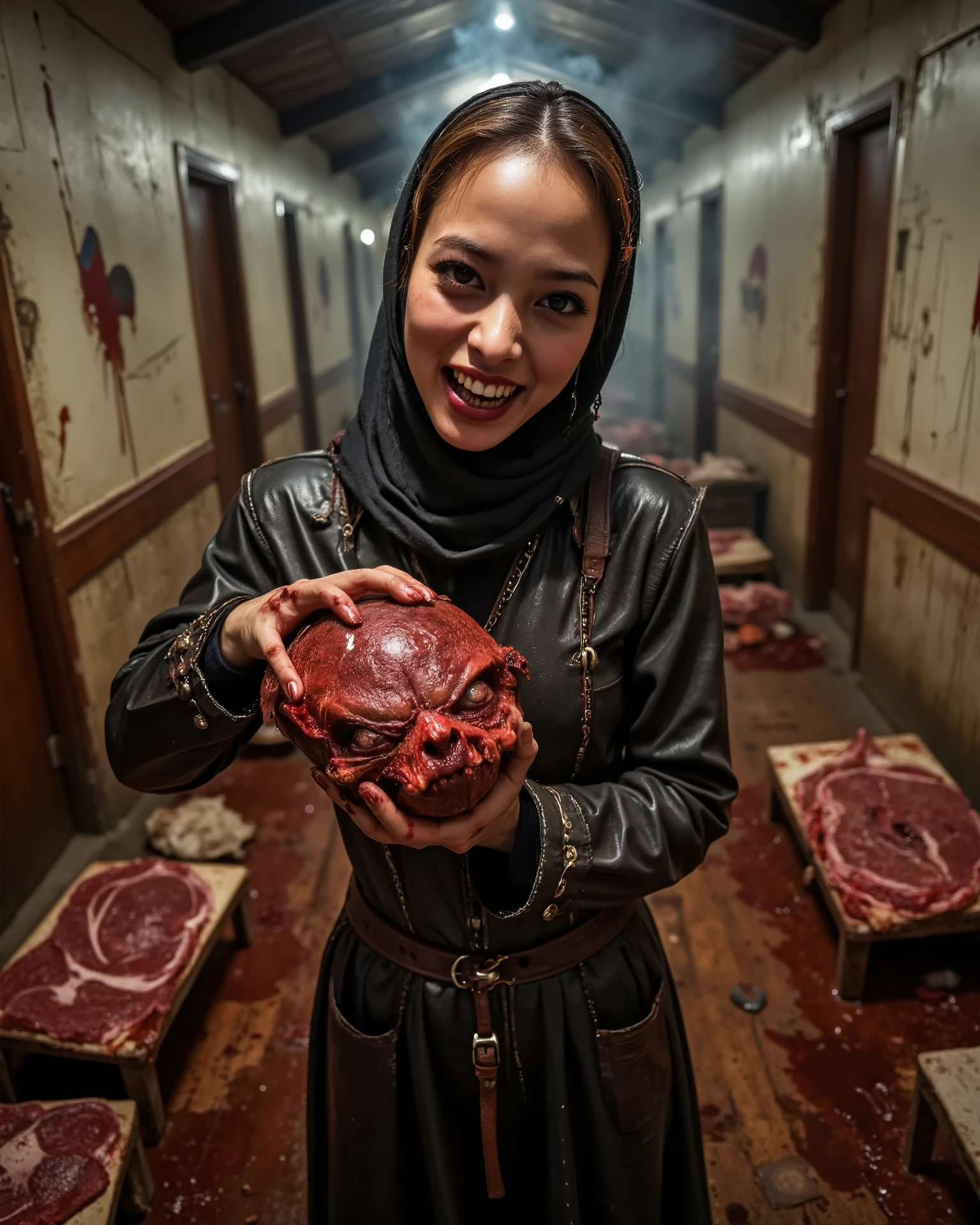 Slender frail sexy Balinese girl , in luridly lit hallway, Asian face, Indonesian features, seductive, scary, horror vibe, smoke, very detailed, High Resolution, hijab, leather fetish gear, Depth Of Field, technicolor, Backlighting, fumetto style, Frazetta, Moebius, angry podture, sharp teeth, atmosphere of death, blood on the walls and wooden floors, holding a human head, girl is covered in blood, slabs of raw meat on the floor,
