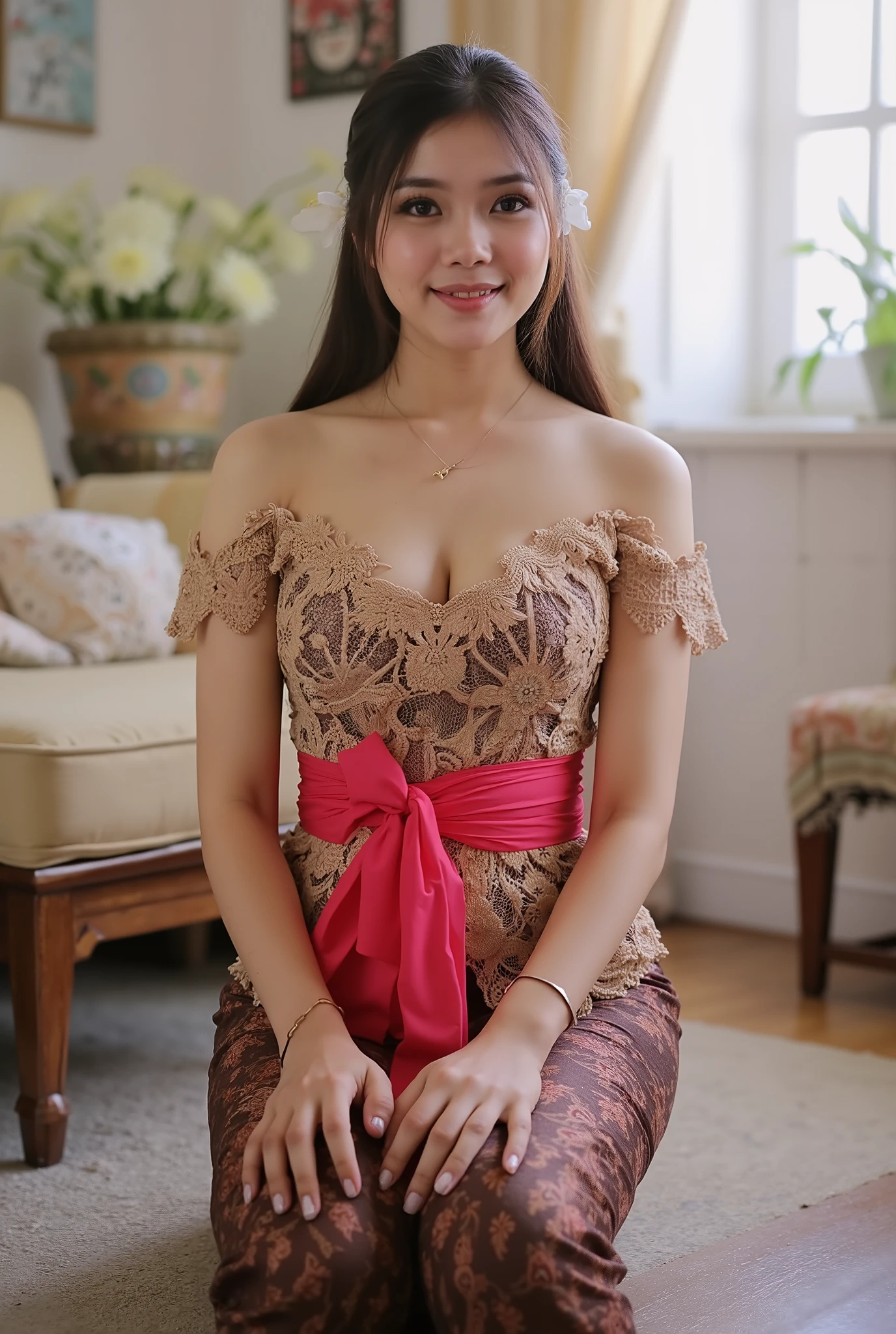 A beautiful and charming Indonesian maid who is cleaning the living room is wearing leggings, ((brown skin)), sweating, ((wet skin)), (( charming camel toe detail:1.3)),Micro T String , ( bold and exaggerated streamlined skirt ), (brown and red fabric :1.4), lace tulle maid outfit :1.2, beautiful round chest , Protruding nipples ,Wearing thong panties , ( ( Alphonse Mucha ) clean line pattern 1 .5), ( shows off your round hips ), Smile:1.3 ,Her lower body hair is revealed from the side of her panties, big breast (1:1.8), she posed doggy style showing her breast, very thight skirt, wet hair, sit on chair, naughty pose, wet hair, ((very long hair)), ((naughty pose)), ((doggy pose)), ((crawling on the floor))