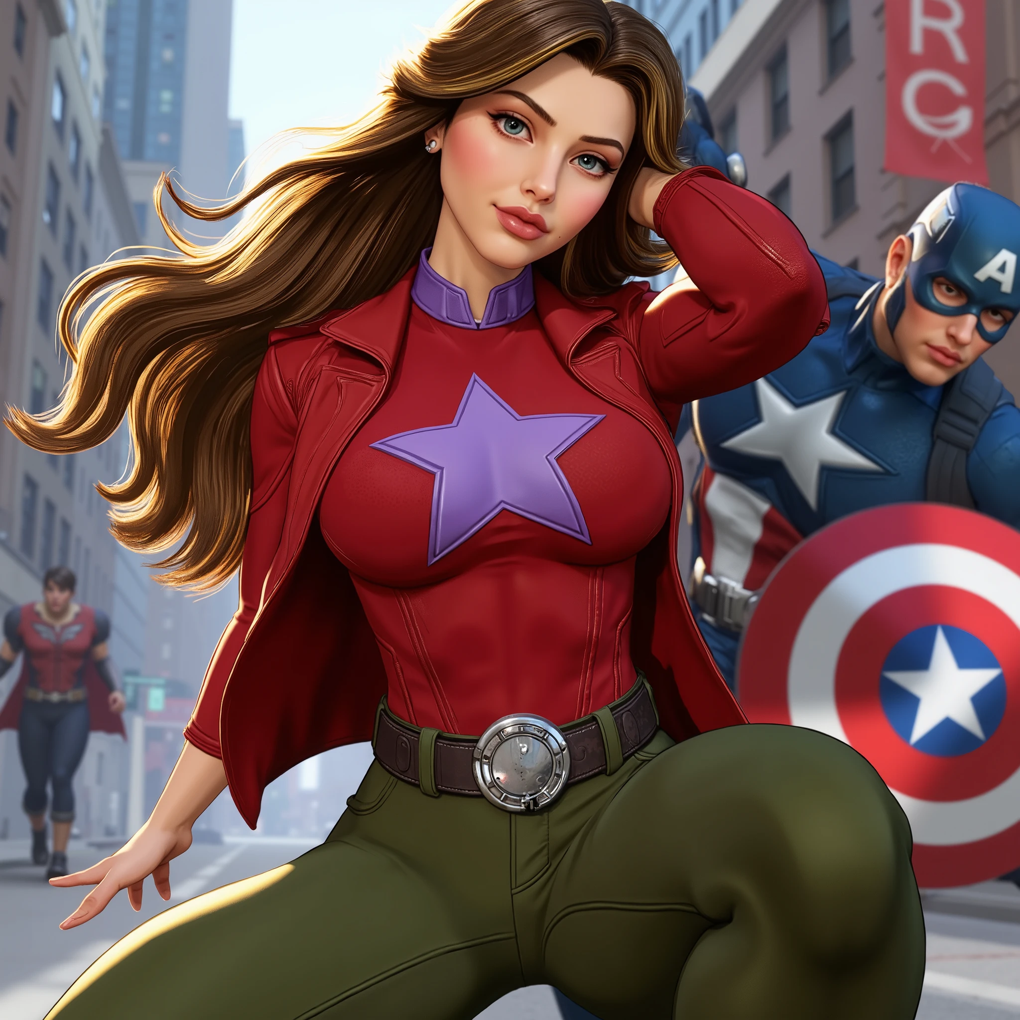 ((((Marvel animation)))), (((young woman with confident smile, red jacket with lilac star printed in the center, moss green army pants, black military boots))), (((brown eyes, very long hair with waves at the ends, light brown hair, hair combed to the side, slightly full lips, pretty face, white skin, freckles on the face))), (((New York, fighting with Captain America, looking at Captain America, side by side with Chris Evans))), (((full body art, decoration rich in detail))).
