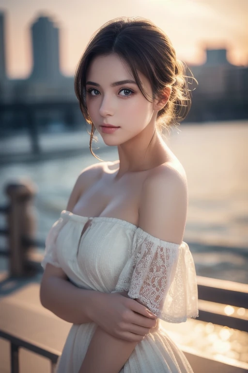 (8k, Highest quality, masterpiece:1.2),(Highest quality:1.2), (Ultra-high resolution:1.0), watercolor, Beautiful woman, shoulder, Hair Ribbon, Agnes Cecil, Half Body Portrait, Very bright and luminous design, pastel colour, (ink:1.3), Autumn Light,Large Breasts:1.8