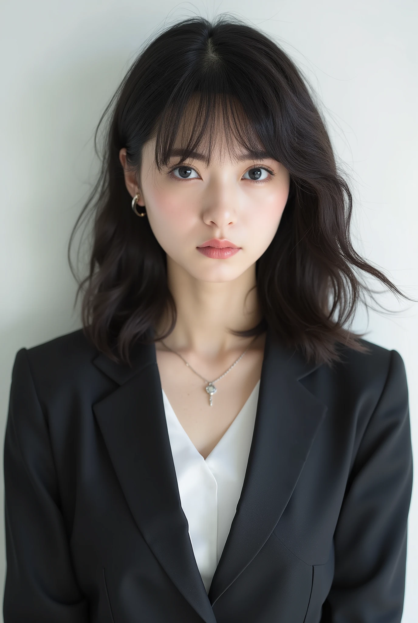 Beautiful Japanese Woman 、、 She is wearing an office lady suit、濃いeyeshadow 、Hairstyle: Medium long、wavy hair 、 、ear piercing、 Empty Expressions 、 necklace、 white backgr