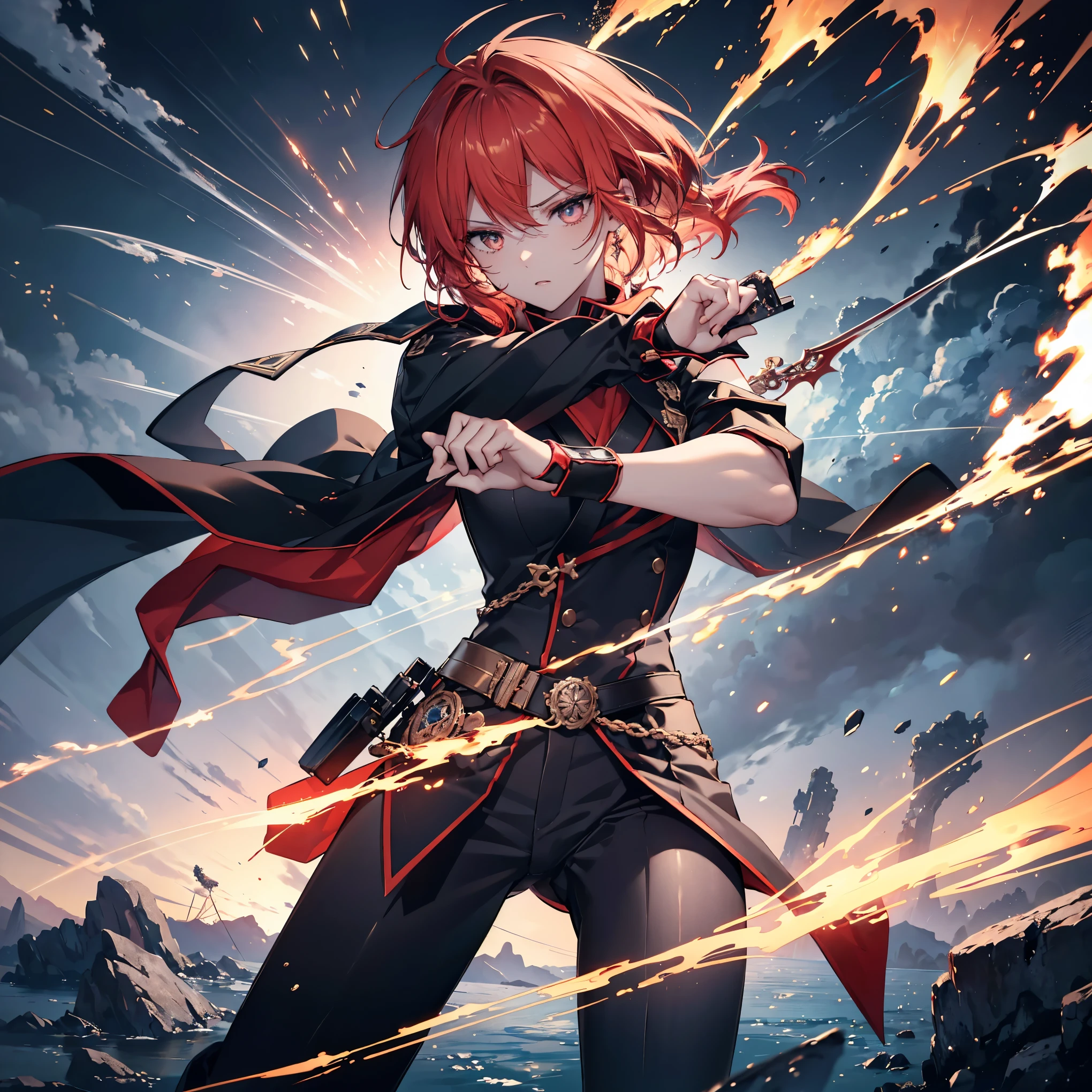((male, handsome male, sharp golden eyes, androgynous face, bright red hair)), ((golden eyes, mysterious appearance, muscular, wearing disheveled black shirt, black skinny pants, red dual swords, dual-handed sword stance, precise sword stance, swordsmanship posture)), ((masterpiece)), ((proper arm anatomy:1.4)), ((proper hand anatomy:1.4)), ((proper body anatomy:1.4)), ((proper leg anatomy:1.4)), ((best quality, delicate hair, delicate eyes, ultra-detailed,)), sword master, (dynamic pose, battle stance, cloudy sky background, detailed anime style illustration, intense expression, aura of hidden power, flames and sparks, extremely detailed, strong shadows), ash, ice, ink wash painting, ink splashing, color splashing, action lines, motion blur, dramatic lighting, sword reflection