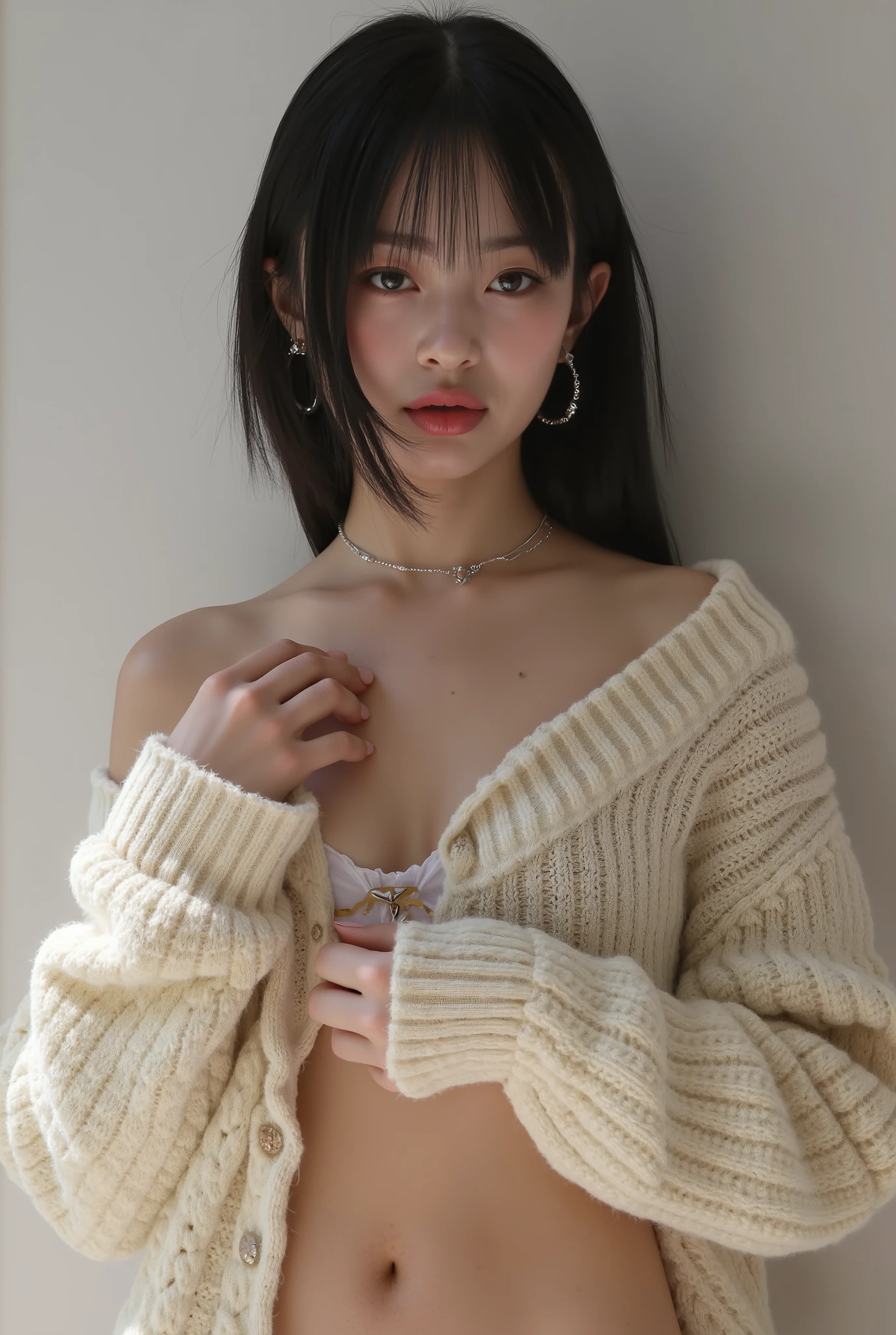 chica sexy, sweater only, without clothes down, half open sweater, seductive look, seduction, biting half of his lips