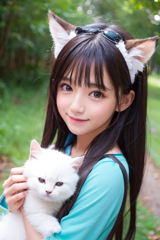 (masterpiece, best quality:1.4), (Realstic, photorealestic:1.37), from the front, (((POV))), bokeh, shallow depth of field, Japanese idol, high school student, big tits, brown Shortcut Hair, twintails, white Cat ear headband, big laugh, cute clothes