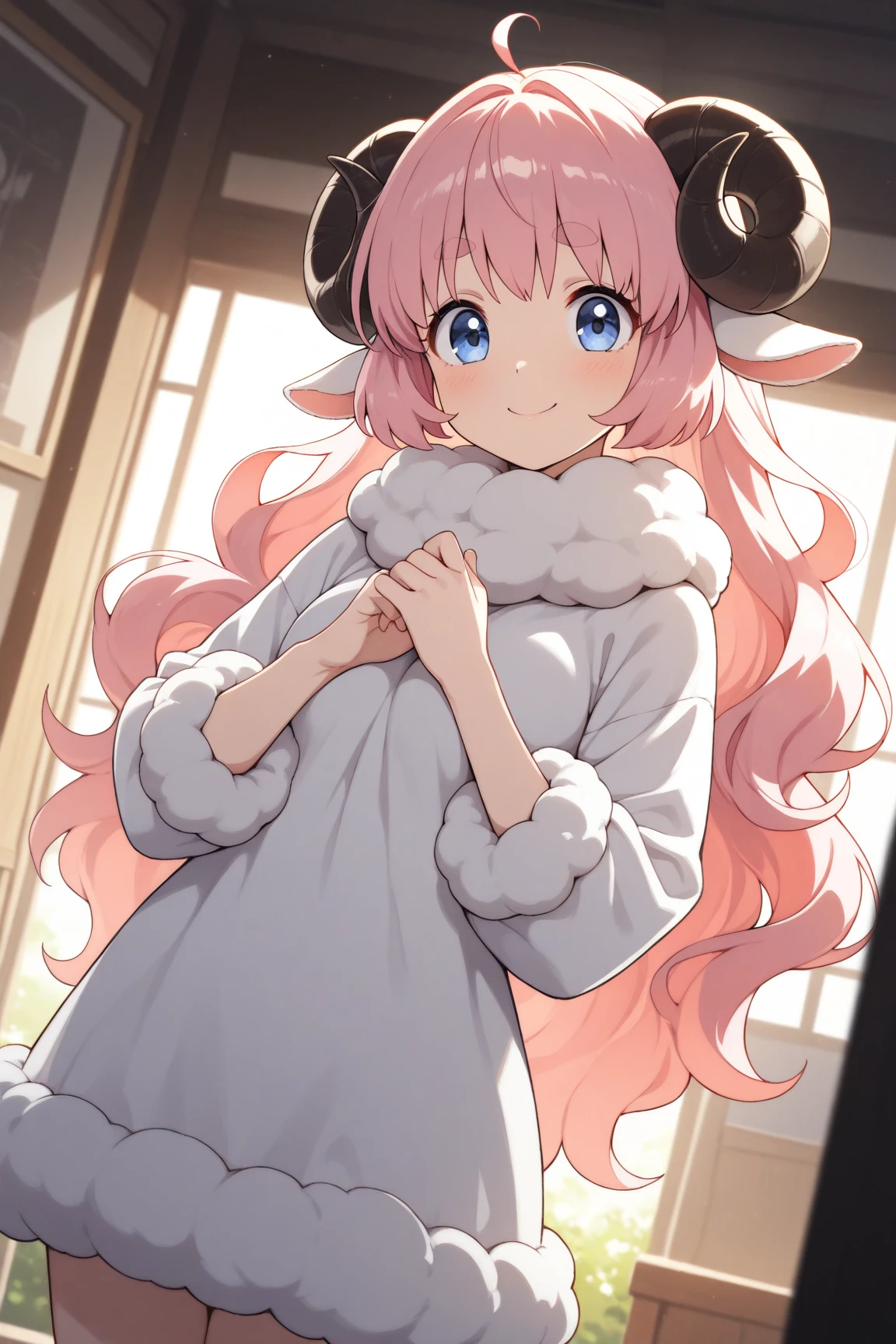 (masterpiece, best quality, extremely detailed, absurdres, very aesthetic), dutch angle, cowboy shot, (highly detailed background, lighting), (sheep girl\super detailed skin, detailed beautiful face and eyes, Big and soft anime eyes, Thick eyebrows:1.1,Fluffy long hair like a sheep's wool, pink hair, Each and every strand of hair is depicted in detail, Sheep's round horns, smile), ブラウス, カーゴパンツ BREAK Natural elements, fantastical features, light and shadow effects, color and atmosphere