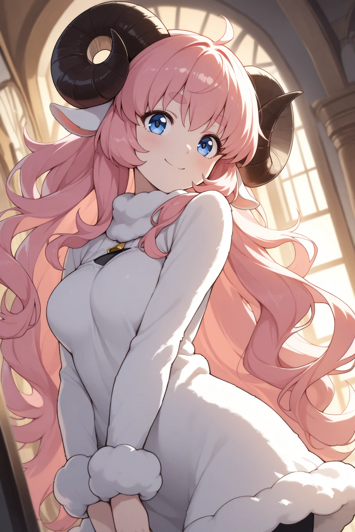 (masterpiece, best quality, extremely detailed, absurdres, very aesthetic), dutch angle, cowboy shot, (highly detailed background, lighting), (sheep girl\super detailed skin, detailed beautiful face and eyes, Big and soft anime eyes, Thick eyebrows:1.1,Fluffy long hair like a sheep's wool, pink hair, Each and every strand of hair is depicted in detail, Sheep's round horns, smile), ブラウス, カーゴパンツ BREAK Natural elements, fantastical features, light and shadow effects, color and atmosphere