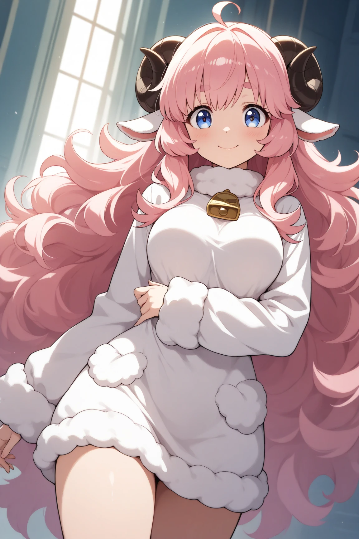 (masterpiece, best quality, extremely detailed, absurdres, very aesthetic), dutch angle, cowboy shot, (highly detailed background, lighting), (sheep girl\super detailed skin, detailed beautiful face and eyes, Big and soft anime eyes, Thick eyebrows:1.1,Fluffy long hair like a sheep's wool, pink hair, Each and every strand of hair is depicted in detail, Sheep's round horns, smile), ブラウス, カーゴパンツ BREAK Natural elements, fantastical features, light and shadow effects, color and atmosphere
