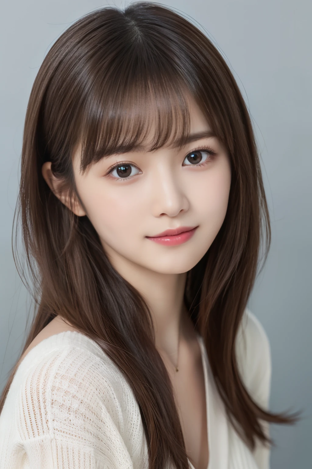 (masterpiece:1.3), (8K, Photoreal, Raw photo, best image quality: 1.4), japanese girl、12 years old、(random hairstyle:1.2)、(cleavage:1.2)、super detail face、eye for details、double eyelid、chest to chest、sharp focus:1.2、(cute woman:1.4)、light brown hair、bangs、highest quality、Super high resolution、(Photoreal:1.4)、Highly detailed and professionally lit smiles、loose and light knitwear、thin、smile、long hair、upper body portrait