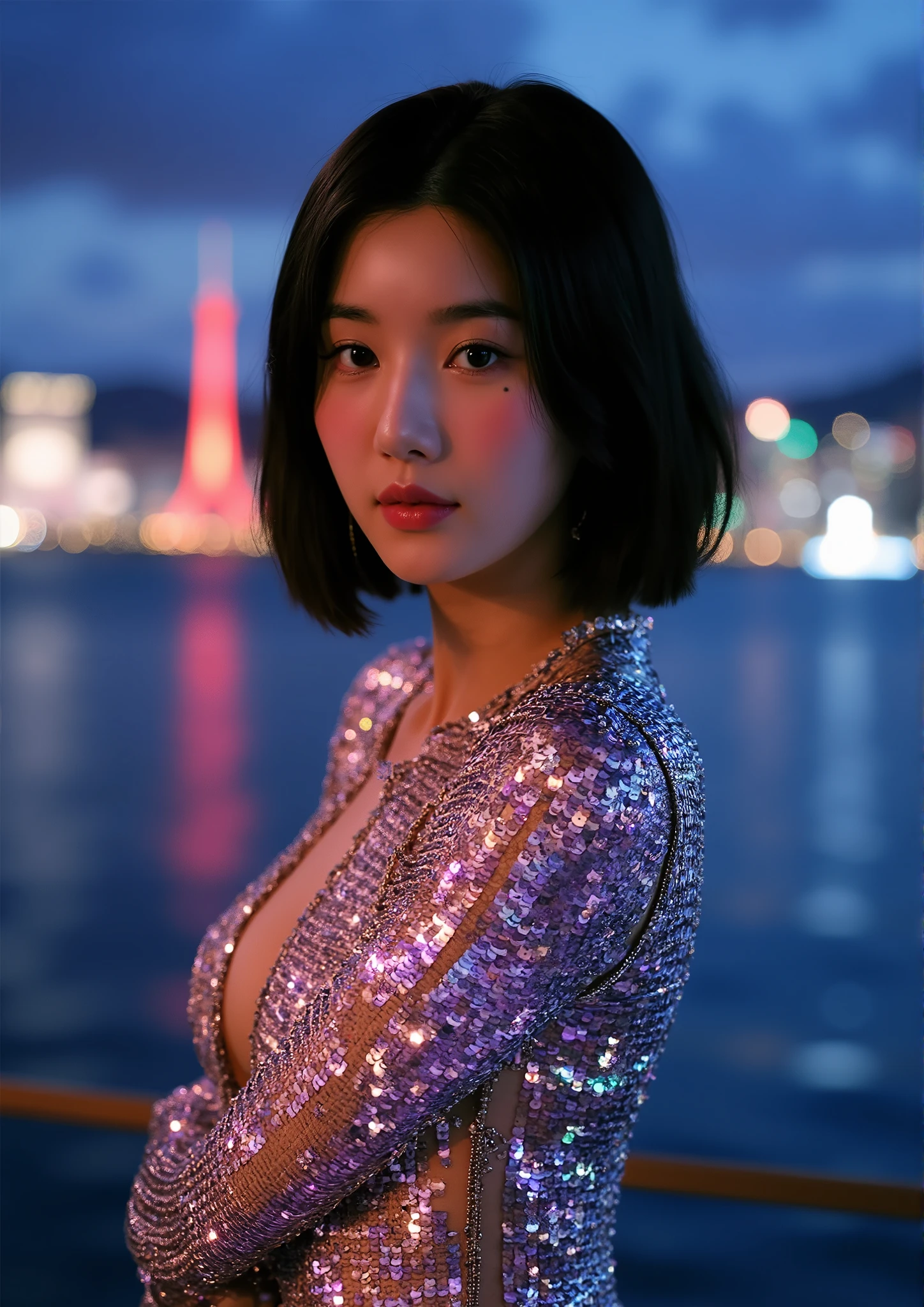 Realistic photos, (masterpiece, Highest quality), 8k,(((Very detailed))), Race:1.8,Super intricate Race pattern,colorful Race pattern,Stained glass transparent body, ,Light up, 1 female, Japanese, full body, Open back, , shin hanga, sultry body with セクシー belly, Sexy girl, Young sensual elegance, Sexy body, delicious, Sexy look, Very Short Hair、Photographed at a harbor with a beautiful night view、Night view、 Intelligent face、Narrow waist、Slightly large breasts、Open your mouth a little, smile, EOS 50ｍｍ F2, Blur the background, Lighting the face, Belly button, Shooting from the front,