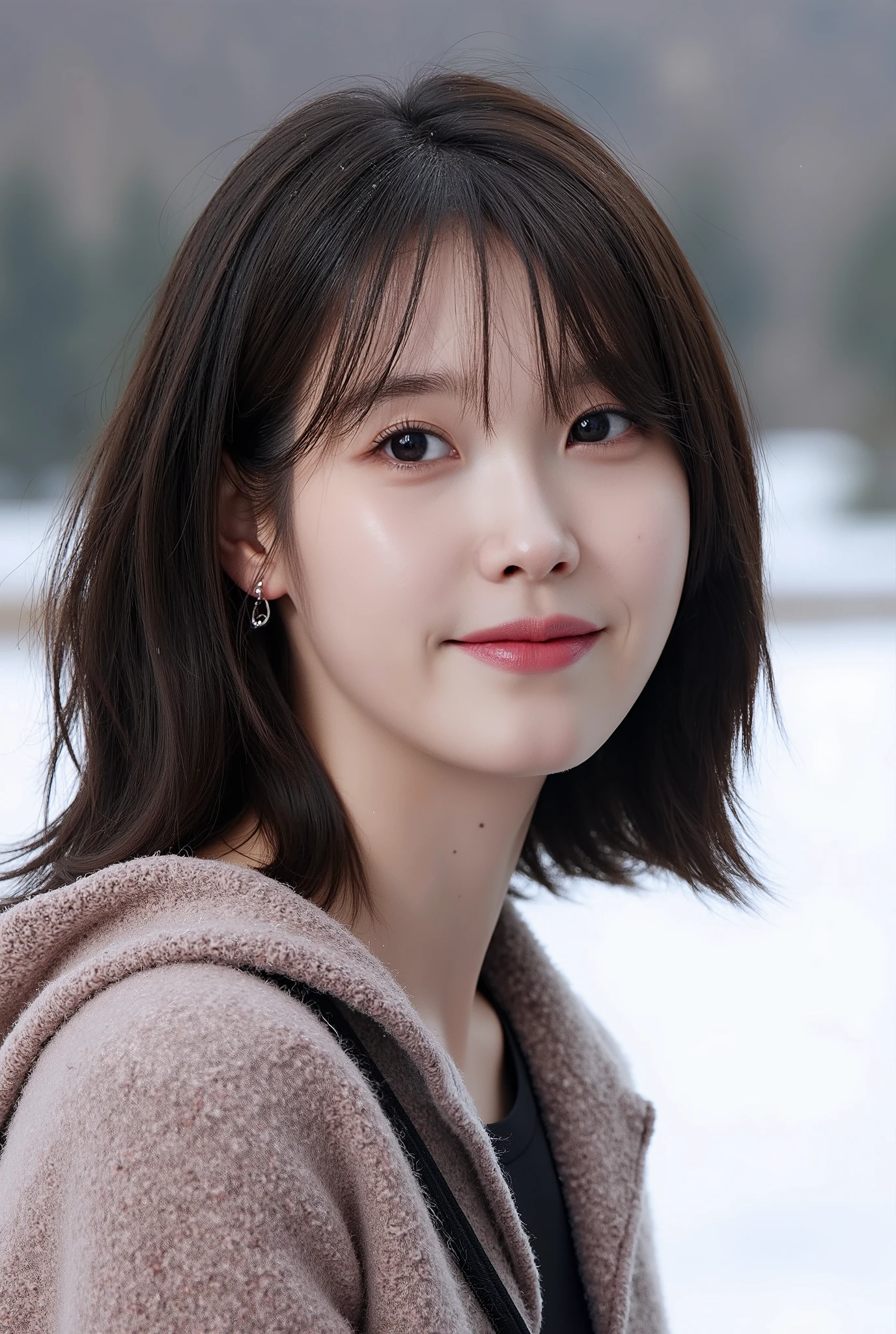 korean beauty、Big eyes、High nose、smile、beautiful、long hair、Smooth Hair、30 years old、、sexy、hoodie、snow、Emotional atmosphere、High resolution, masterpiece, accurate, Textured skin, Very detailed, , 高quality, quality, High-resolution model, detail, Real、Realistic、8k、4K、3D Rendering, 8k octane, Surrealism, smile, Heavy makeup, Long eyelashes, Whole body、Wide-angle shot, Long-distance photo、beautifulな足、style、Waistline、Large Breasts、valley、