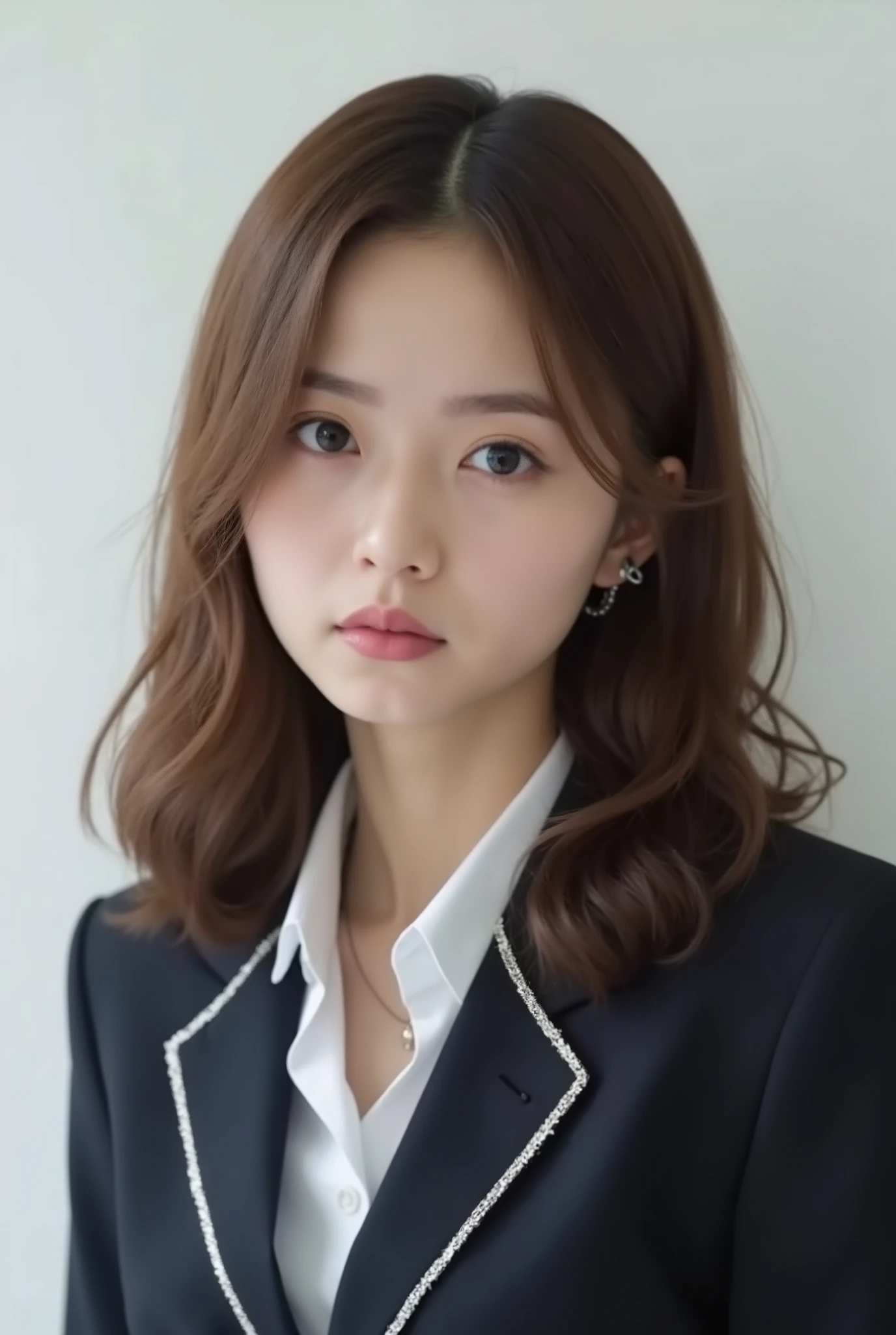 Beautiful Japanese Woman 、、 She is wearing an office lady suit、濃いeyeshadow 、Hairstyle: Medium long、wavy hair 、 Light Brown Hair 、ear piercing、 Empty Expressions 、 necklace、 white backgr