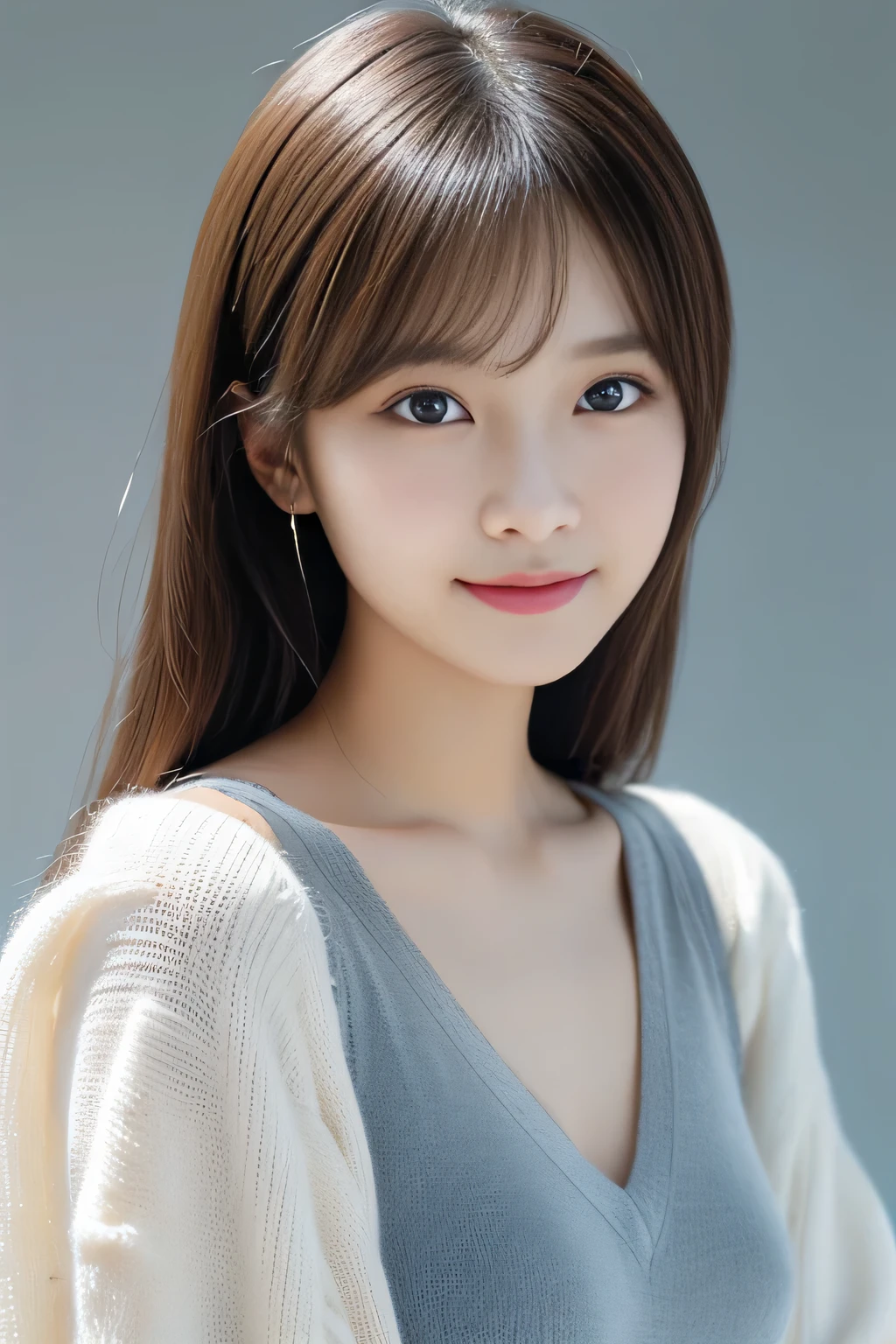 ulzzang-6500-v1.1,(highest quality,masterpiece:1.3,ultra high resolution),(Super detailed,8k),,(realistic:1.4,RAW shooting),18-year-old,cute,Super beautiful,Japanese woman sitting on the terrace of a cafe, long curly hair, turn around, off shoulder, big round eyes, sunlight,  With bangs, brown eyes, Narrow forehead, , smile, long skirt,big breasts,perfect style,professional lighting, Photographed by a professional photographer