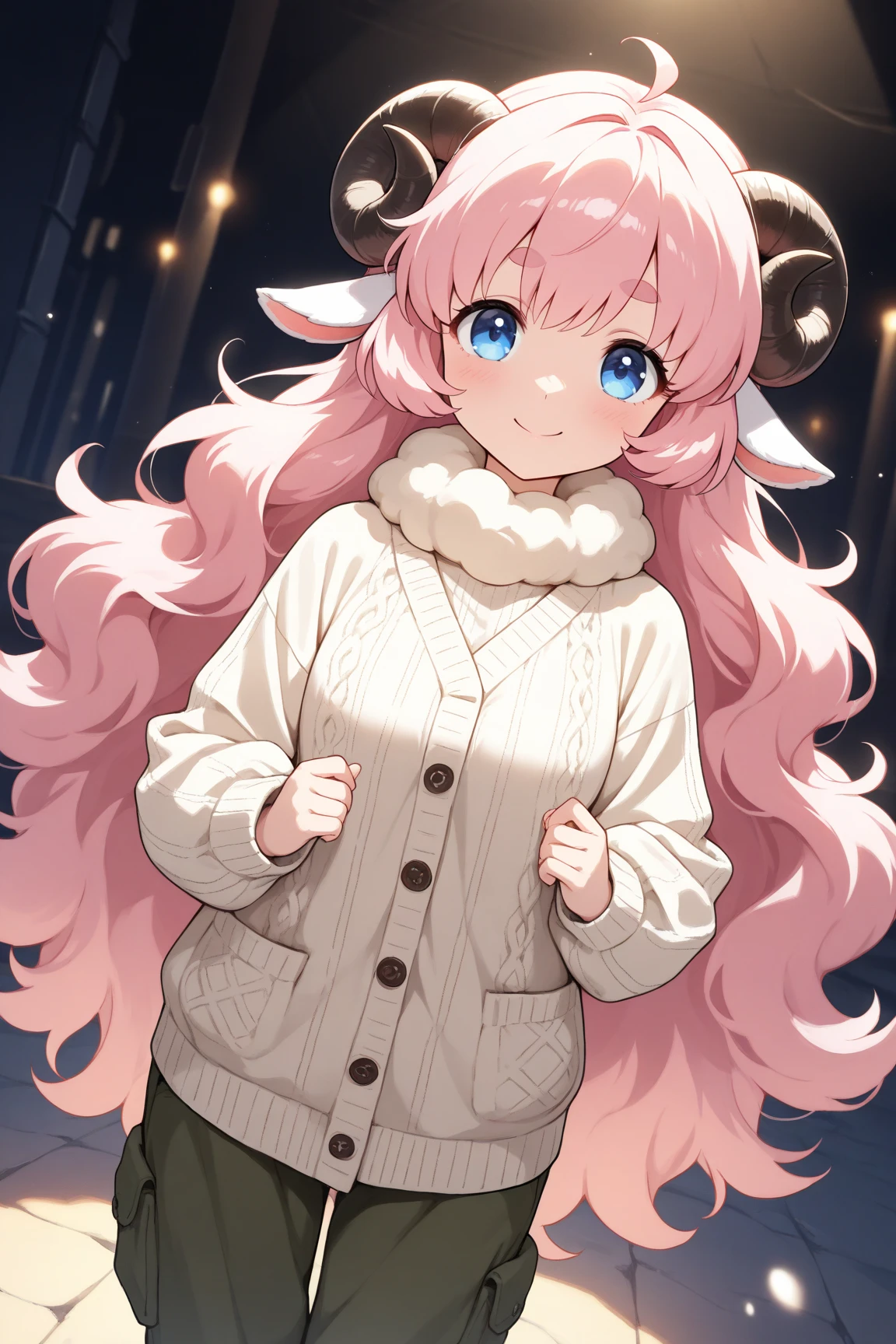 (masterpiece, best quality, extremely detailed, absurdres, very aesthetic), dutch angle, cowboy shot, (highly detailed background, lighting), (sheep girl\super detailed skin, detailed beautiful face and eyes, Big and soft anime eyes, Thick eyebrows:1.1,Fluffy long hair like a sheep's wool, pink hair, Each and every strand of hair is depicted in detail, Sheep's round horns, smile), Knee-length cardigan, striped sweater, wide cargo pants BREAK Natural elements, fantastical features, light and shadow effects, color and atmosphere