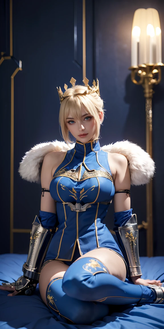 Artoria Pendragon（to know）,masterpiece、highest quality、High resolution、table top、wallpaper、realistic、bright lighting、professional lighting、face light、smooth lighting、japanese woman、adult、Beautiful woman、action、gravure、sexy、poor、super beautiful、beautiful skin、beautiful and detailed eyes、detailed face、slim、moderately、short hair、brunette colored hair、brown eyes、look at the camera、destiny/stay night, to know, middle ages,silver armor, blue eyes, golden long hair, strong will, hole々posture, elegant smile, noble atmosphere, sexy