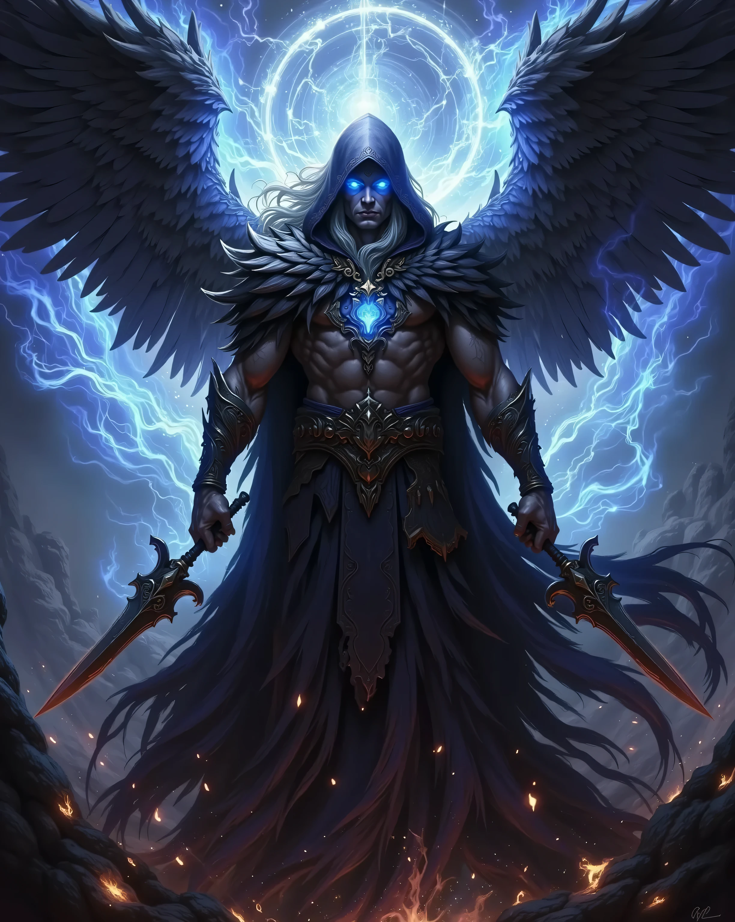 Angel with Black Wings . Large muscular figure. white hair. Wears a hooded cloak and has two daggers in his hands. His eyes are glowing. He is surrounded by a magical aura