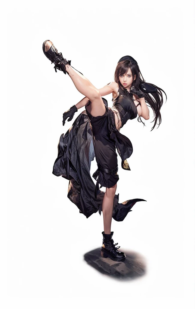 a girl in a black long dress,Butterfly hair ornament on head,Tie your hair in one place、 fighting with a pink Katana, detailed thighs, one red eye, background with flowers, ice, and a dark japanesecastle, anxious expression, one leg raised,She is ,attacking, best quality, 4K, 8k, highres, masterpiece:1.2, ultra-detailed, realistic, photorealistic, photo-realistic:1.37, HDR, uhd, studio lighting, ultra-fine painting, sharp focus, physically-based rendering, extreme detail description, professional, vivid colors, bokeh, concept art
