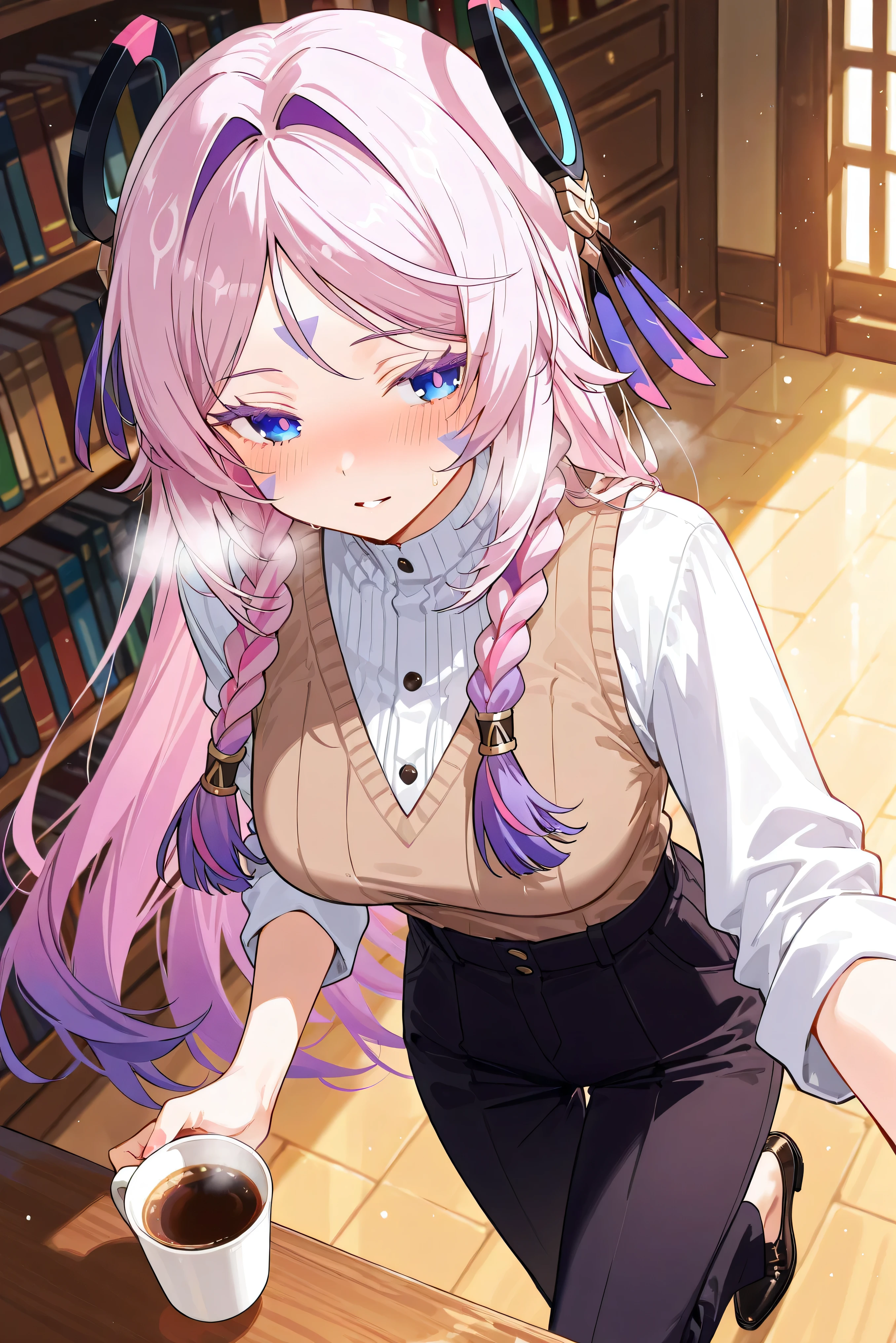score_9, score_8_up, score_7_up, masterpiece, best quality, very aesthetic, absurdres, tunning image, light particles, attractive image, 1girl, adult grown woman, citlali \(genshin impact\), pink hair, purple hair, multicolored hair, twin braids, hair intakes, blue eyes, forehead mark, lavender eyelashes, pink pupils, headgear, long hair, colored eyelashes, blush, heavy breathing, masterpiece,best quality,amazing quality, nails, 5 fingers, alternate costume, An anime character dressed in vintage café aesthetic style, wearing a loose white button-up shirt with rolled-up sleeves, a classic brown vest, and high-waist tailored trousers. They have elegant leather shoes and a relaxed, charming expression while holding a warm cup of coffee. The background is a cozy, softly lit café with wooden furniture, bookshelves, and a window showing a gentle sunset glow