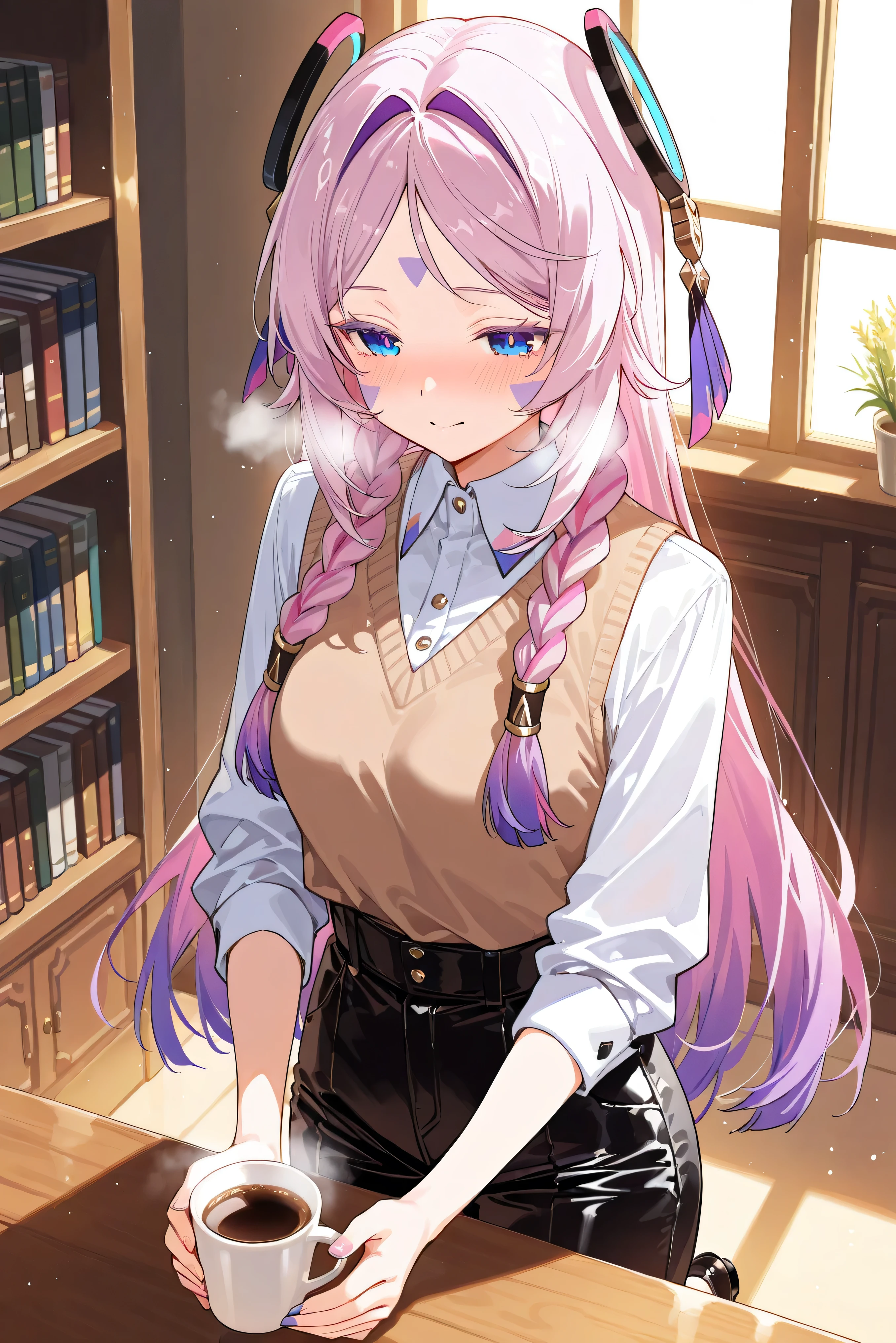 score_9, score_8_up, score_7_up, masterpiece, best quality, very aesthetic, absurdres, tunning image, light particles, attractive image, 1girl, adult grown woman, citlali \(genshin impact\), pink hair, purple hair, multicolored hair, twin braids, hair intakes, blue eyes, forehead mark, lavender eyelashes, pink pupils, headgear, long hair, colored eyelashes, blush, heavy breathing, masterpiece,best quality,amazing quality, nails, 5 fingers, alternate costume, An anime character dressed in vintage café aesthetic style, wearing a loose white button-up shirt with rolled-up sleeves, a classic brown vest, and high-waist tailored trousers. They have elegant leather shoes and a relaxed, charming expression while holding a warm cup of coffee. The background is a cozy, softly lit café with wooden furniture, bookshelves, and a window showing a gentle sunset glow