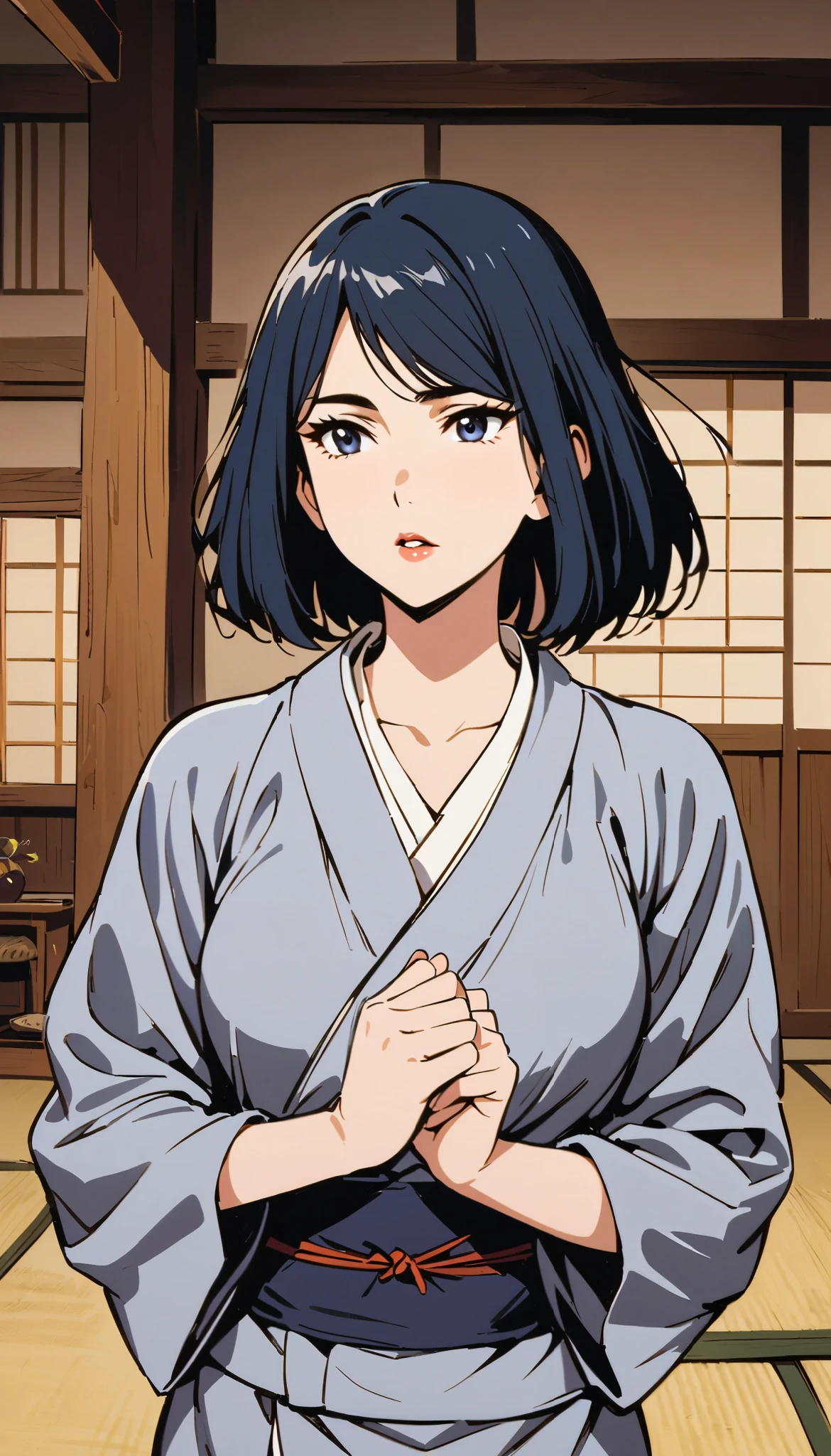 vintage movie, girl, short hair, navy hair, straight hair, woman body, gray kimono, tatami, training, hyuga clan, shinobi village, konohagakure, small, soft, inner lips

