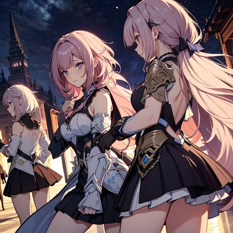 An Anime girl in black clover style with a black coat with short brown hair and pink highlights with green eyes