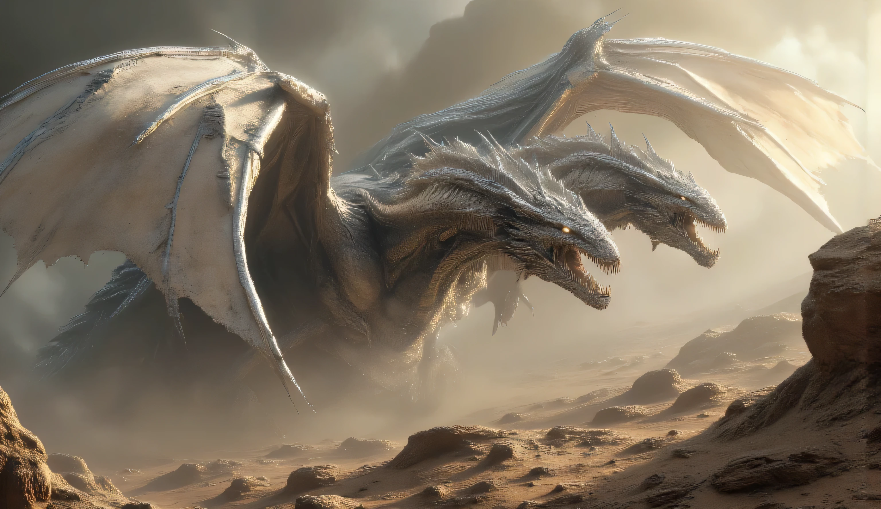 The three-headed great silver dragon. two huge wings. The eyes are burning with white light. He's in the desert.