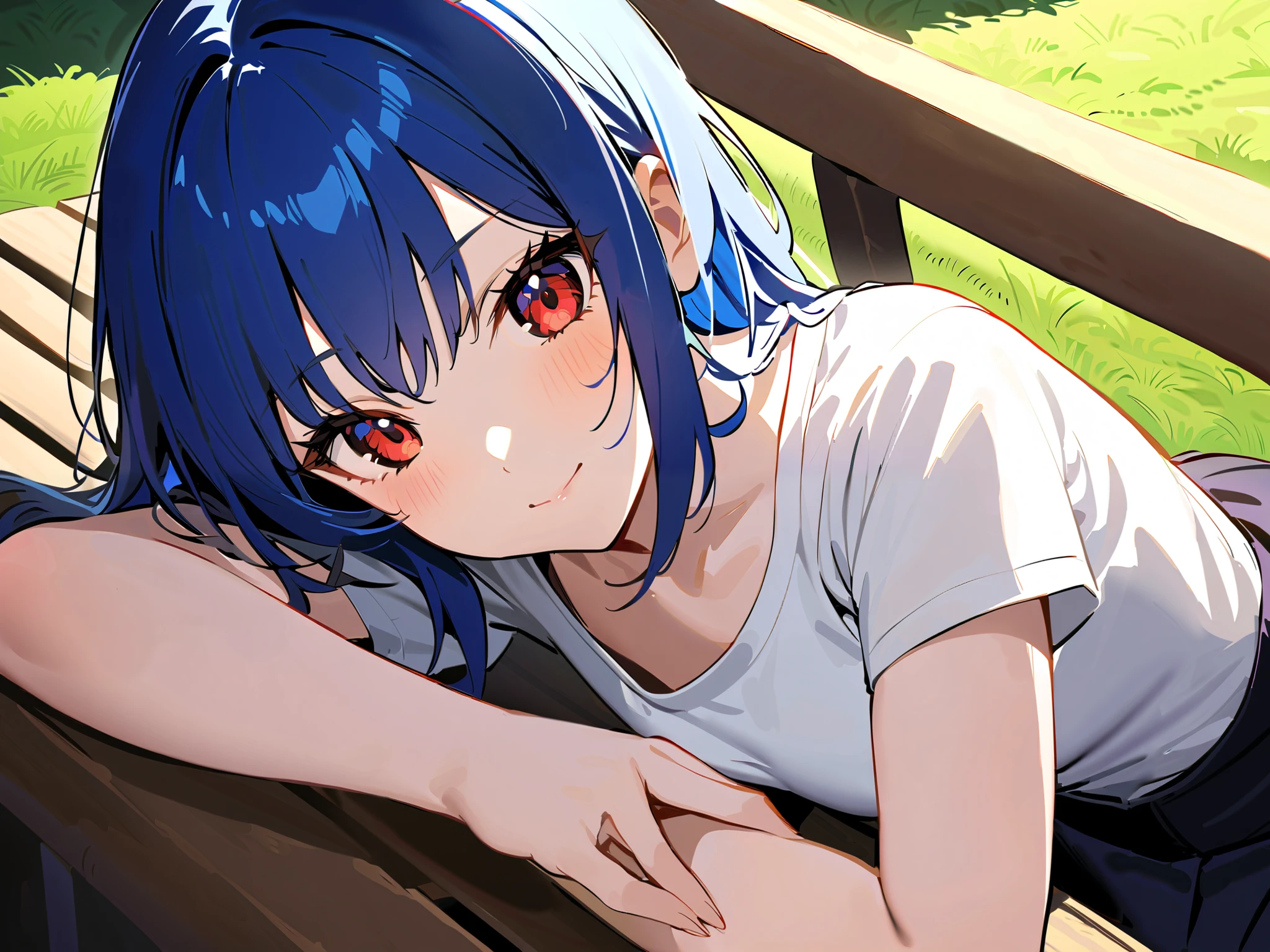 1 girl, masterpiece,  high resolution, accurate,  high detail, ( girl,  short blue hair,  red eyes,  blue-hair), 
BREAK, 
A stunning high school girl with short, silky blue hair and mesmerizing red eyes, lying on a wooden park bench with a relaxed and playful pose. She rests her head on her arm, gazing directly into the camera with a soft, inviting smile. One leg is bent slightly, adding a natural curve to her pose. Her delicate fingers gently touch her lips as she gives off a subtle yet captivating expression. The warm glow of the afternoon sun illuminates her face, casting soft shadows that enhance her charm.