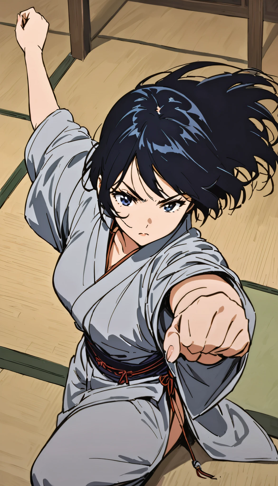 vintage movie, girl, short hair, navy hair, straight hair, woman body, gray kimono, tatami, training, hyuga clan, shinobi village, konohagakure, ((closed mouth)), 
fighting stance, kaiten fighting, kaiten hyuuga, hyuuga clan, byakugan, ((izumi solo)), young