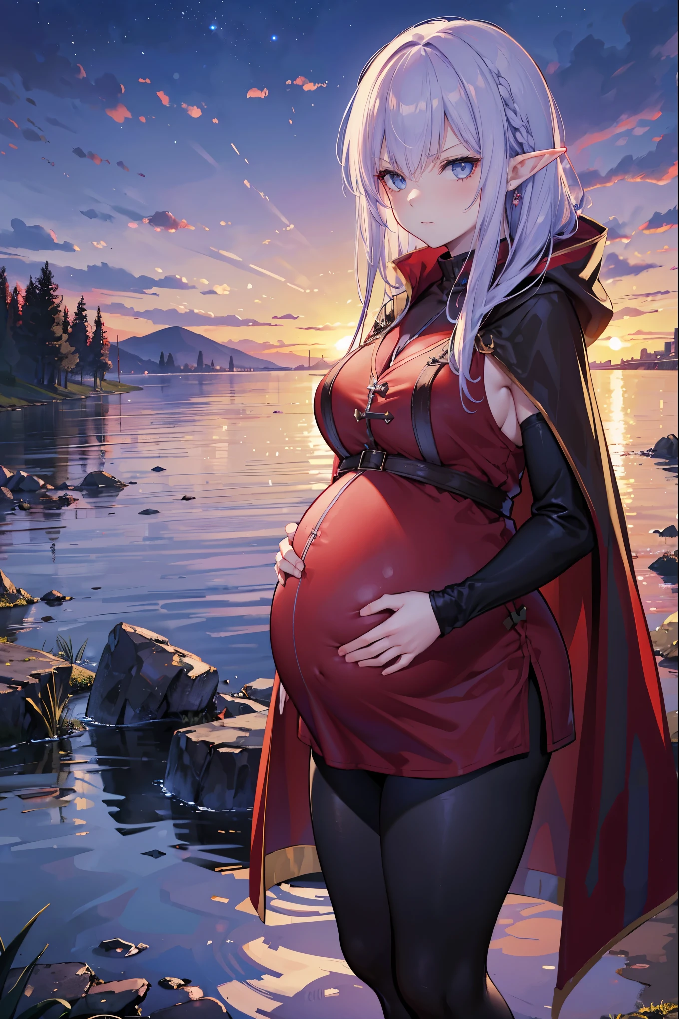 High Resolution, High Details, River scene, night, 1girl, lavender hair, blue eyes, medium breasts, half elf ears, red cloak, red vest, black shirt, black leggings, black cuff boots, looking at viewer, annoyed expression, ((pregnant)), (huge belly), (bloated abdomen), standing in water, red sword, prepared to strike