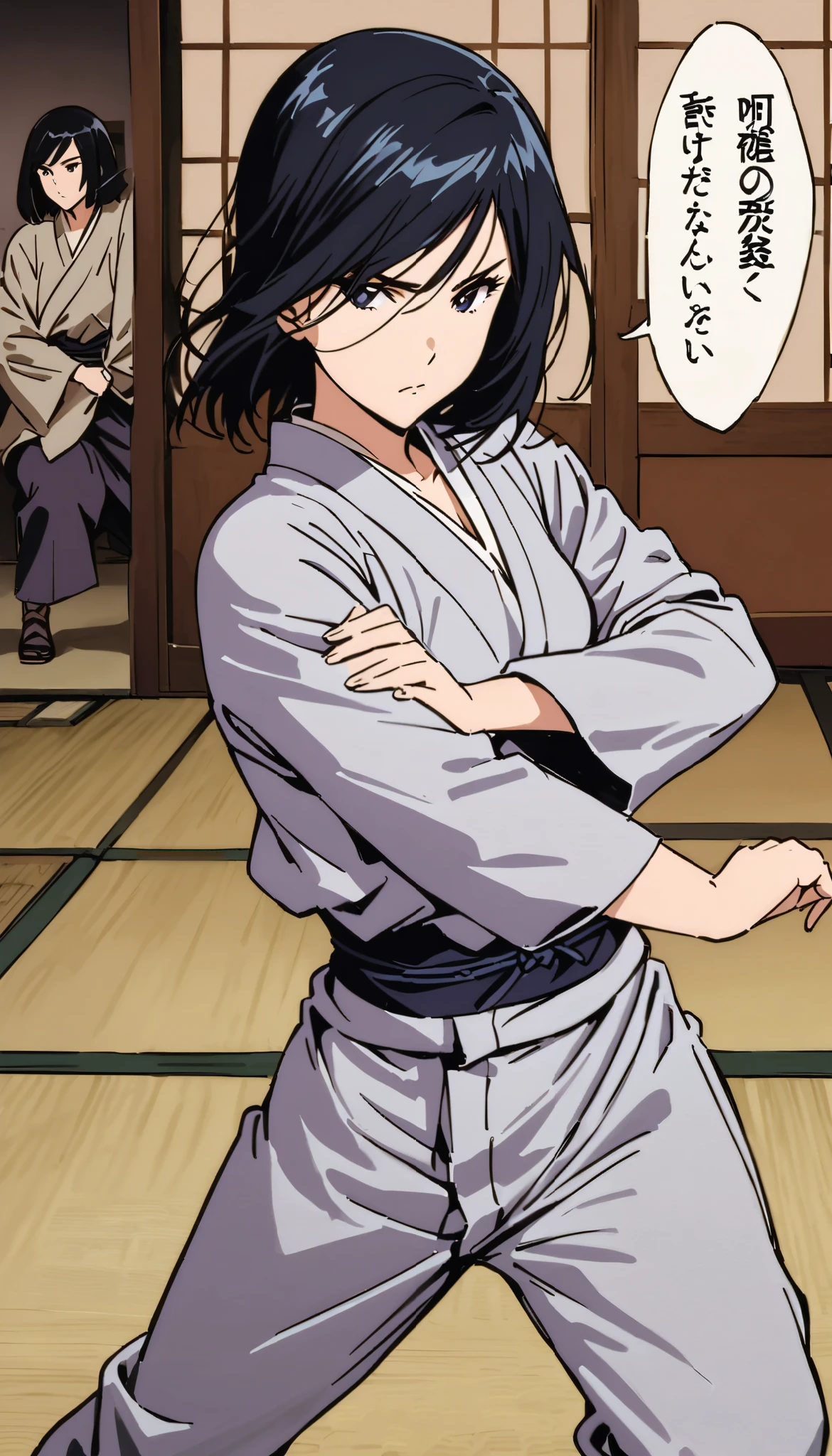 vintage movie, girl, short hair, navy hair, straight hair, woman body, gray kimono, tatami, training, hyuga clan, shinobi village, konohagakure, ((closed mouth)),
fighting stance, kaiten fighting, kaiten hyuuga, hyuuga clan, byakugan, ((izumi solo)), young