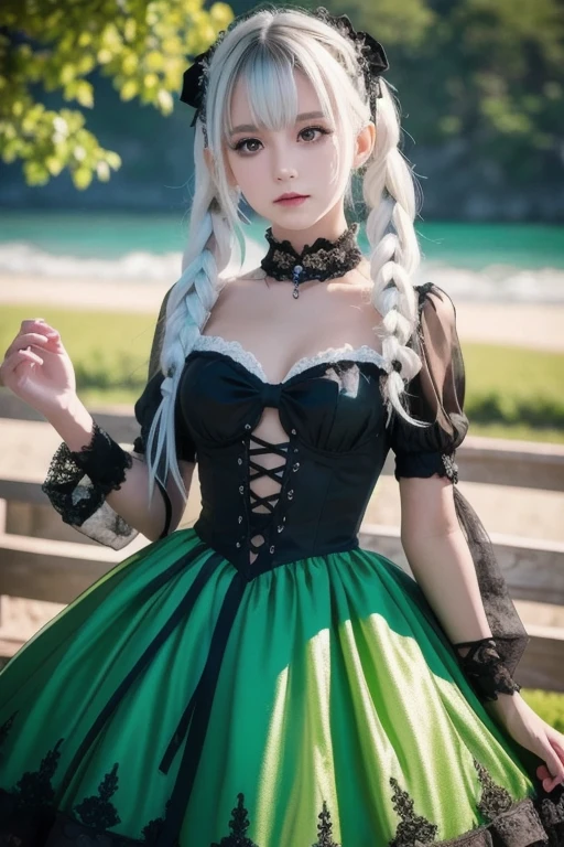 cute elf Young woman pointy ears, [lightgreen] eyeliner piercing small breasts skindentation shiny hair gradation [gradient partially [blonde:silver:0.9] hair] super long hair blue eyes ((eyes visible through hair)) angry +++ vivid starry print gothic dress, headdress, frilled, puffy sleeves, hair flower, garter, blouse white super long coat, thighhighs, darkbrown lace-up long boots, charcoal collar thigh_gap