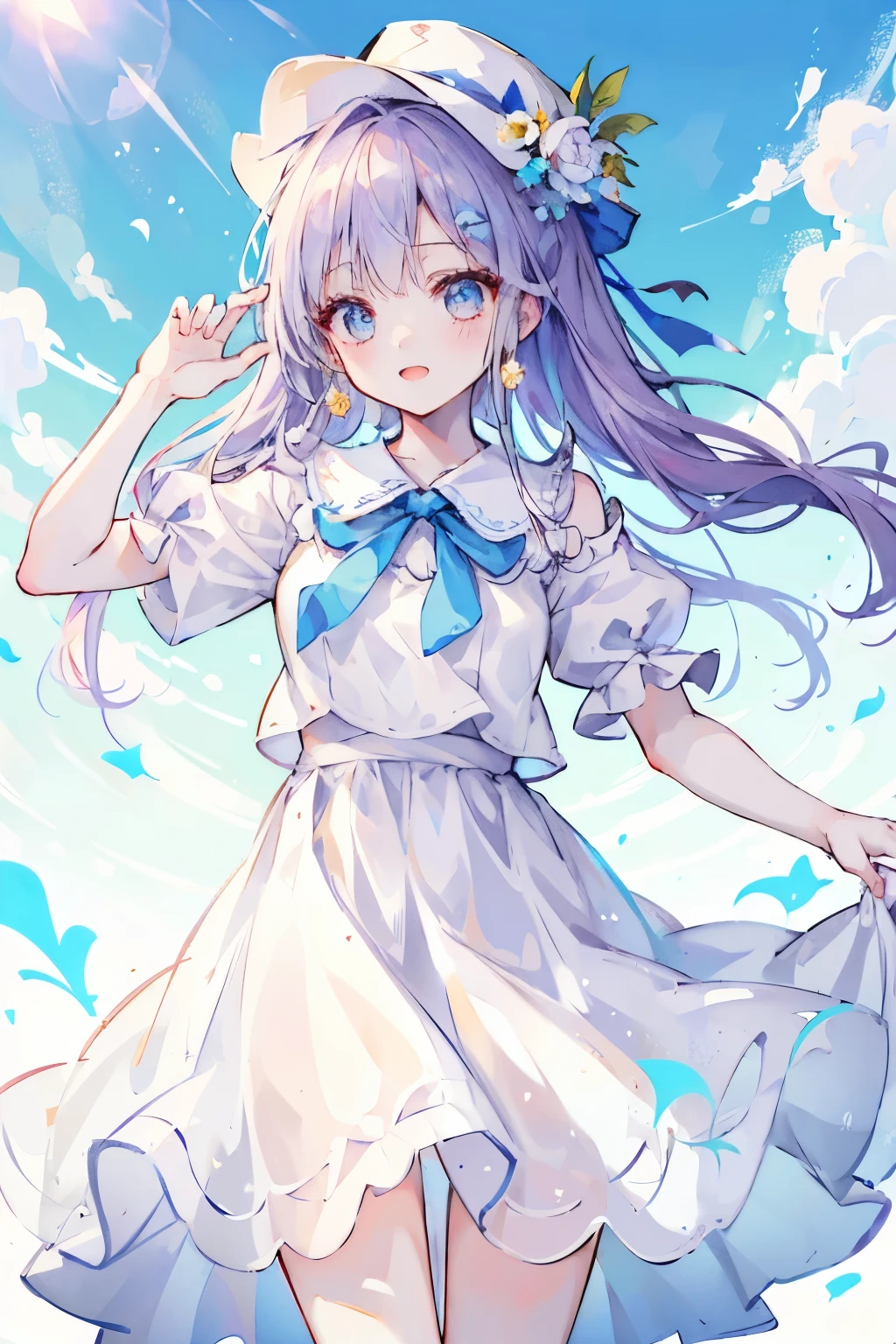 ((( top quality))) , wearing a white dress , ((((One girl)))) , under the blue sky ,