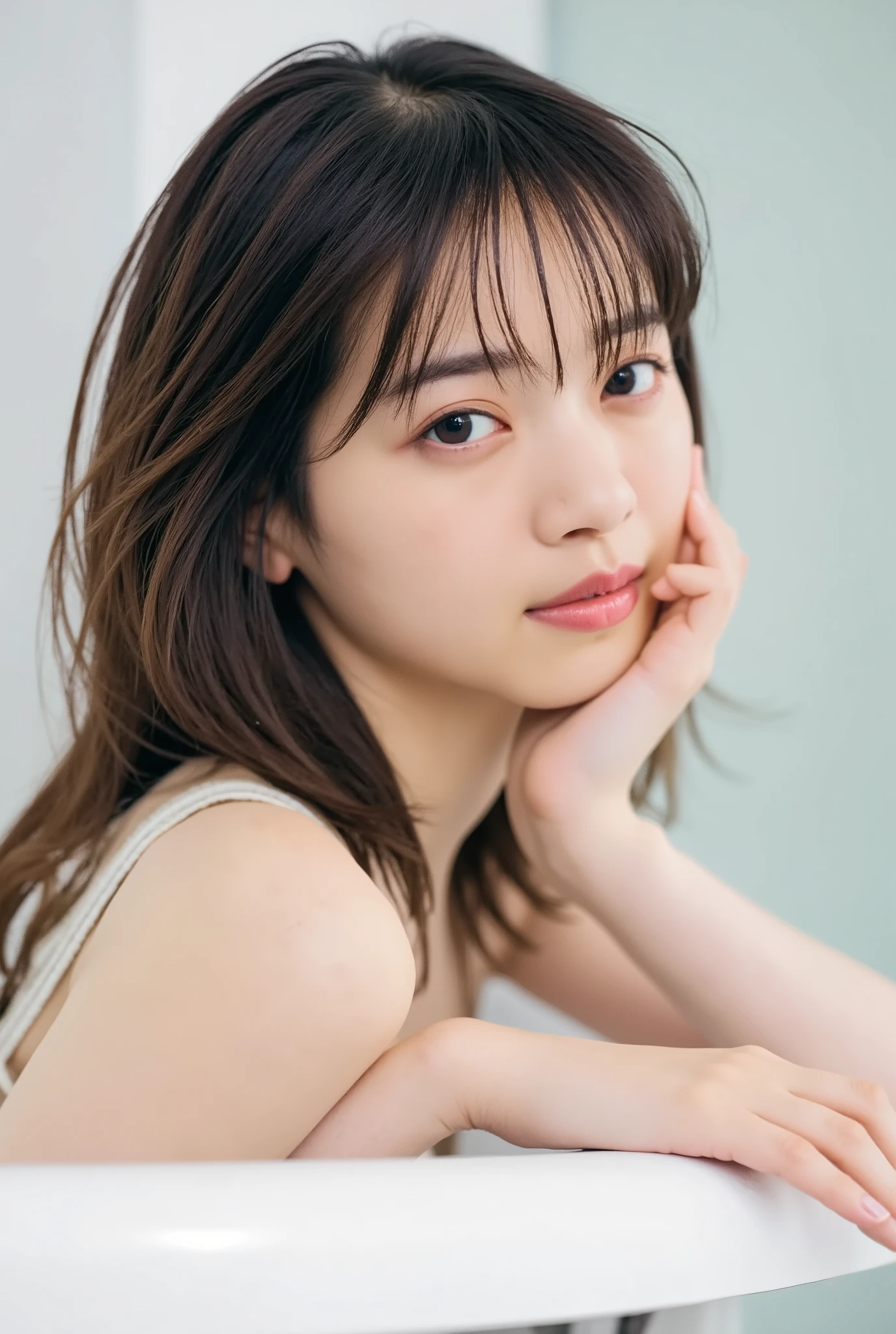 Professional Photoshoot, is present, Wong Ka-wai , photo taken from above of an Asian woman lying in the bathtub, she has long disheveled dark hair , She is taking a bath, she has beautiful makeup , A bathtub full of bubbles , A picture of bubbles flying in the foreground , SFW censored with soap bubbles, intricate and detailed