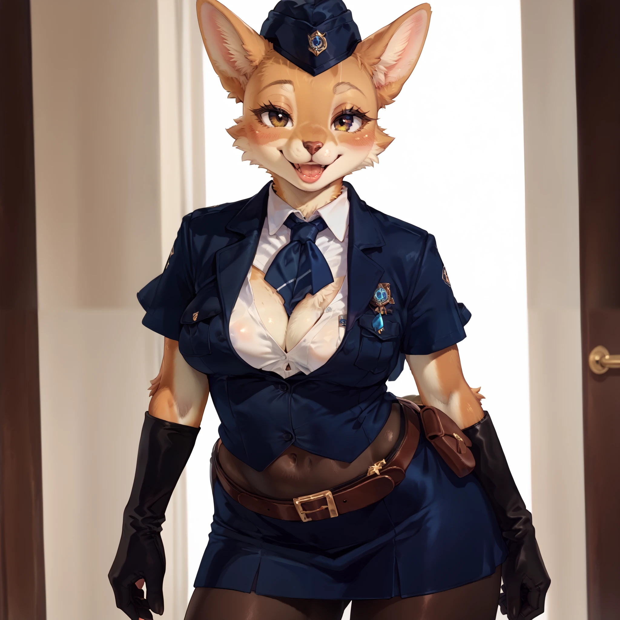 score_9, score_8_up, score_7_up, source_anime BREAK 1girl, anthro furry, solo, garrison cap, blue ribbon, blue necktie, collared shirt, white shirt, sleeveless, breast pocket, detached sleeves, capelet, blue skirt, black gloves, pantyhose, smile, looking at viewer, parted lips, covered navel, belt pouch