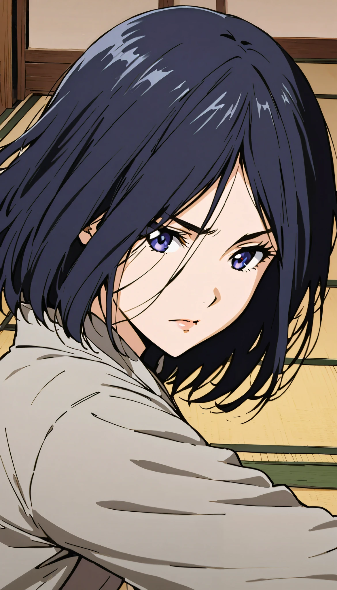 vintage movie, girl, short hair, navy hair, straight hair, woman body, gray kimono, tatami, training, hyuga clan, shinobi village, konohagakure, ((closed mouth)), 
fighting stance, {{kaiten pose}}, fighting, kaiten hyuuga, hyuuga clan, ((( byakugan ))), ((izumi solo)), young