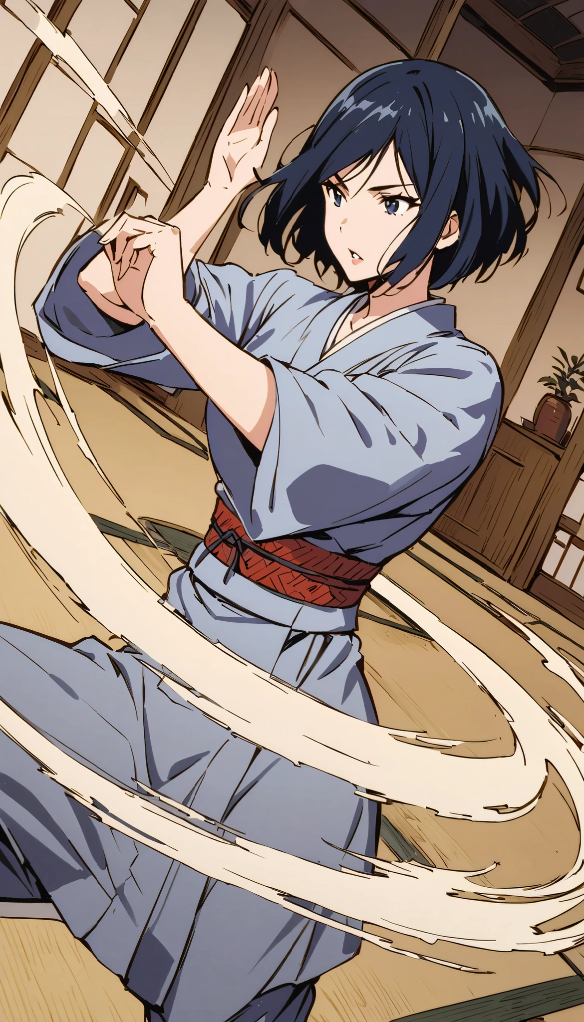 vintage movie, girl, short hair, navy hair, straight hair, woman body, gray kimono, tatami, training, hyuga clan, shinobi village, konohagakure,
fighting stance, {{kaiten pose}}, fighting, kaiten hyuuga, hyuuga clan, ((( byakugan ))), ((izumi solo)), young, it is spinning, and an energy (like wind) surrounds it like a dome
