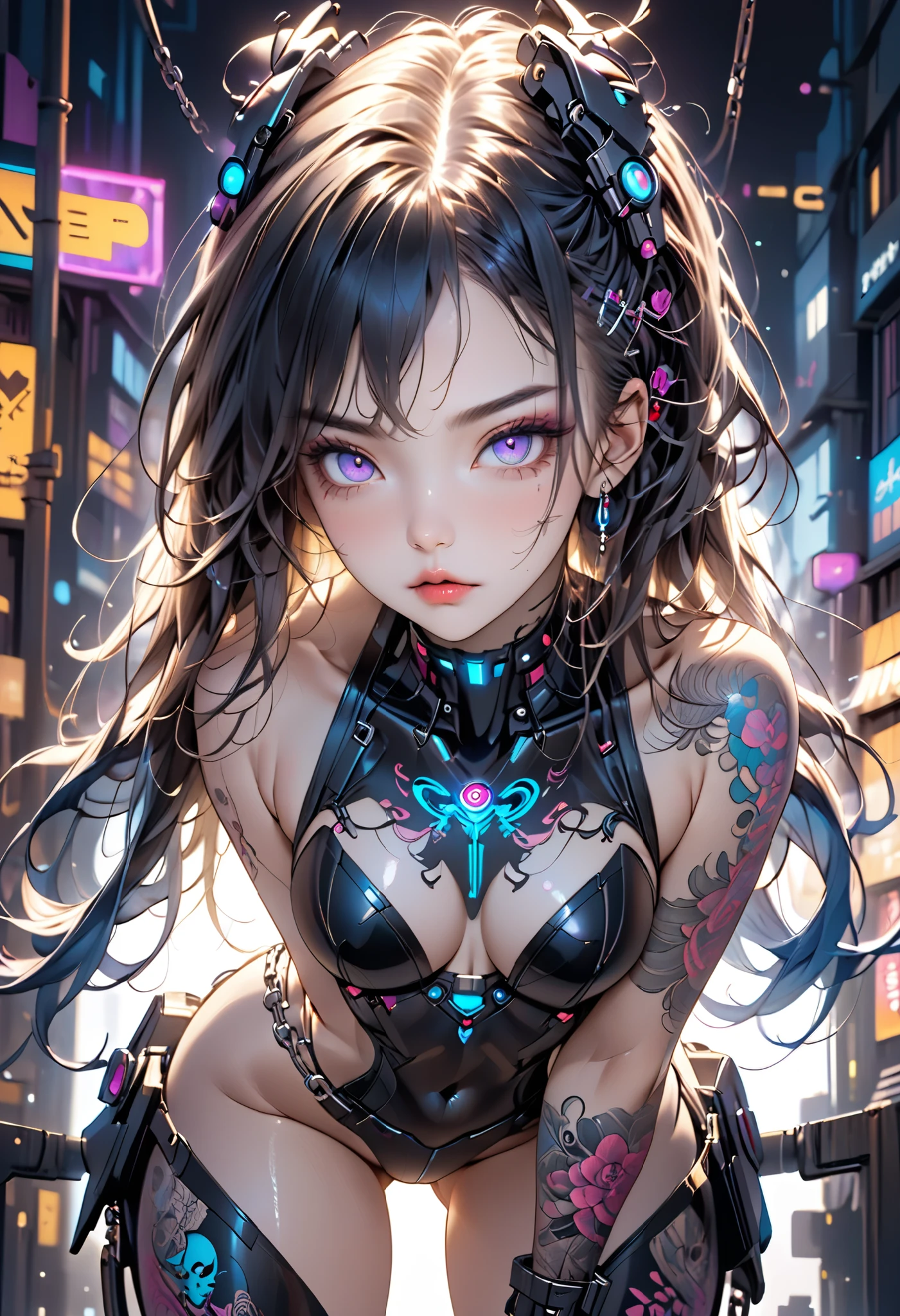 beautiful digital art, detailed beautiful face, 10k high quality detailed art, highly detailed, beautiful detailed body, illuminated by a circular light that frames her head Create a hyper detailed photograph of a model perfectly symmetrical mechanical tattooed curved drop dead gorgeous cyberpunk, Stunningly perfect gorgeous feminine face, realistic makeup, detailed vibrant neon sapphire eyes, long flowing hair, Gentle facial curves, Fuller cheek bones, Smaller and wider-set eyes, Less pronounced jawline, Symmetry perfection Proportion facial features, sexual curved heart shaped mouth, long beautiful tattooed legs, beautiful tattooed arms, perfect feminine curved body figure, detailed perfect silky skin texture, beautiful long legs, full body, full view, full body pose, sexy cyberpunk armor, chains, Jewels, highlighted by a soft glow that enhances the dreamlike atmosphere. Design by smeglejj