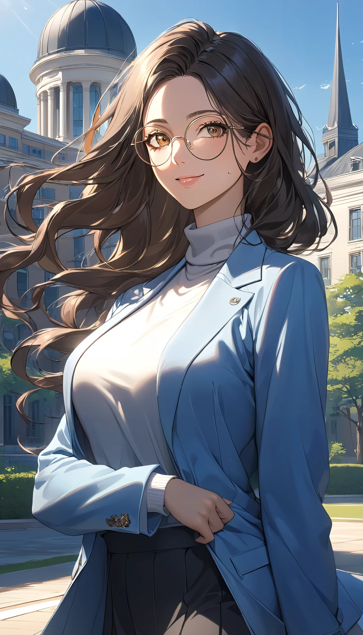 accurate, ((masterpiece)), ((high details)), high quality, textured skin, A stunning Arab-featured woman with deep, expressive eyes and a subtle, knowing smile. She has long, voluminous dark brown hair cascading in luxurious waves. She wears large, round glasses that add to her intelligent and sophisticated aura. Her outfit consists of a crisp white turtleneck under a stylish light blue jacket, creating a refined and elegant look. She stands with confidence on a university campus, surrounded by grand academic buildings, lush greenery, and students walking in the background. The atmosphere is serene and intellectual, with a warm afternoon light casting a natural glow on her face. Ultra-detailed, realistic, cinematic lighting, high resolution
