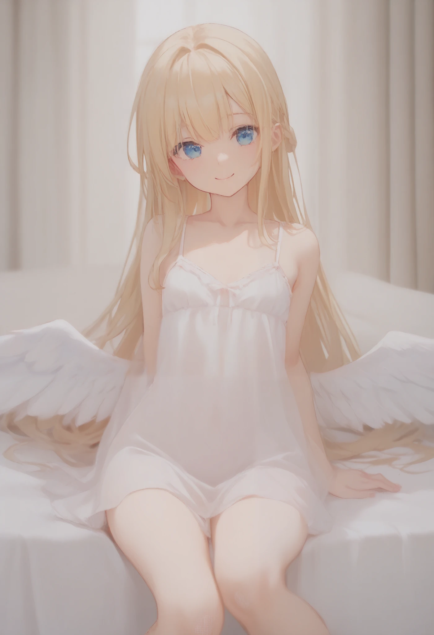 Blonde angel girl, Teenage face, long curly hair, blue eyes, bright white wings, well endowed, big tits, round ass, dressed in an open ethereal white dress, with the tits out, squatting with legs apart, showing her shaved vagina, sweet and heavenly expression, heavenly environment with clouds and golden light, NSFW
