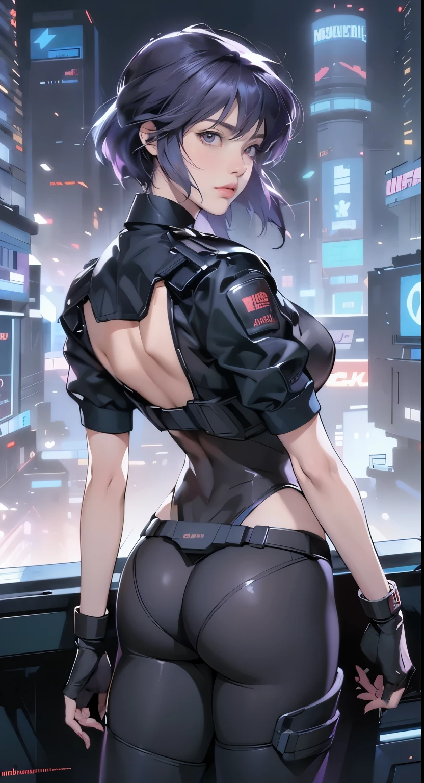  manhwa , (pretty girl, 2, brunette, black eyes) at cyberpunk world dressed as futuristic law enforcer, (full lips) , ((perfect face)), [[mild smile]], proportionate body,mixed herritage, beautyfull, beautyfull face, tanned skin, two arms, two legs, five fingers by hand, (curly black long hair), ( holographic screen floating at air), (night) night skyline, neon, people, (lasergun), futuristic gun, goggles, futuristic police stuff, jacket, badass, [cyborgs], (drone at background), police chopter at background, screens at buildings side, [photo taken from behind], (award winning photo), (instagram influencer photo), (realistic), nikon, canon, Sigma 85mm f/8cel shading, 
