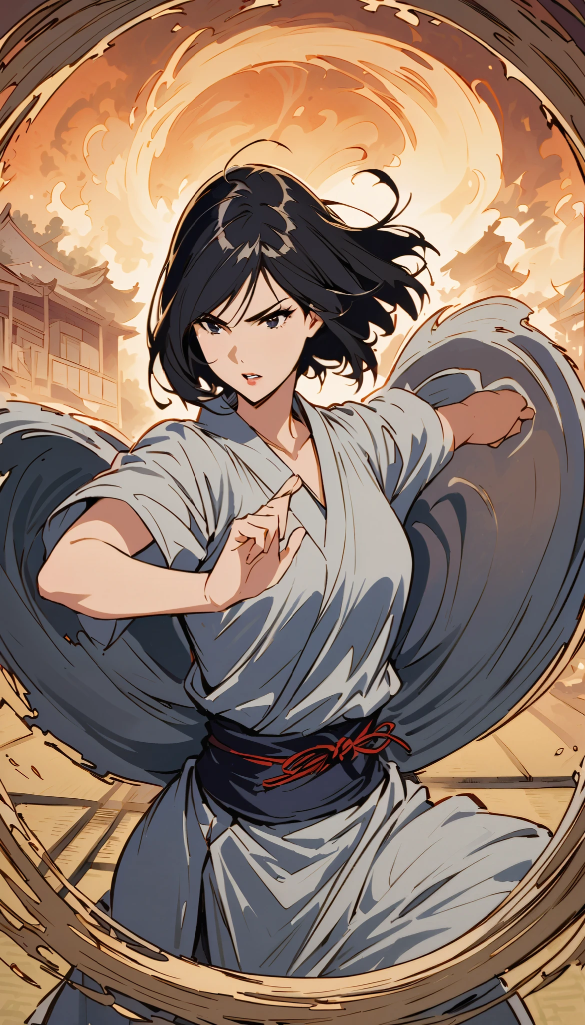 vintage movie, girl, short hair, navy hair, straight hair, woman body, gray kimono, tatami, training, hyuga clan, shinobi village, konohagakure,
fighting stance, {{kaiten pose}}, fighting, kaiten hyuuga, hyuuga clan, ((( byakugan ))), ((izumi solo)), young, it is spinning, and an energy (like wind) surrounds it like a dome