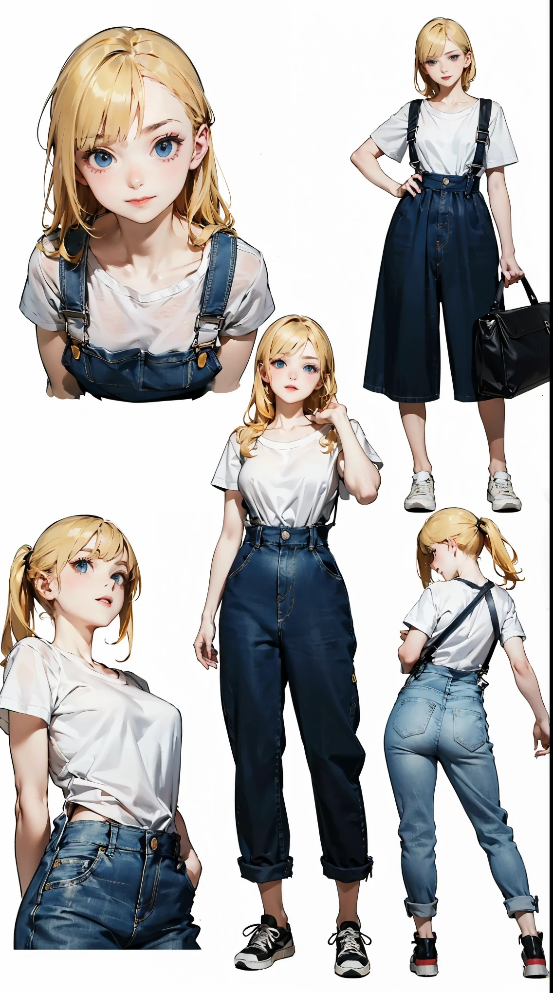 ( is ridiculous, high resolution, Super Detail),( is ridiculous, high resolution, Super Detail), in the seat, (()), meticulous eyes and meticulous face , Warm smile, (low one-sided twin tail butt and blunt bangs hairstyle ), ((( wearing denim baggy shortalls under a white t-shirt))), sneakers, cute expression , (( anime character sheet )), ((( full body))), ( A few poses and facial expressions), blue eyes, (( blond hair)), dynamic pose with an enema, ((( pale skin on a street car))), white background