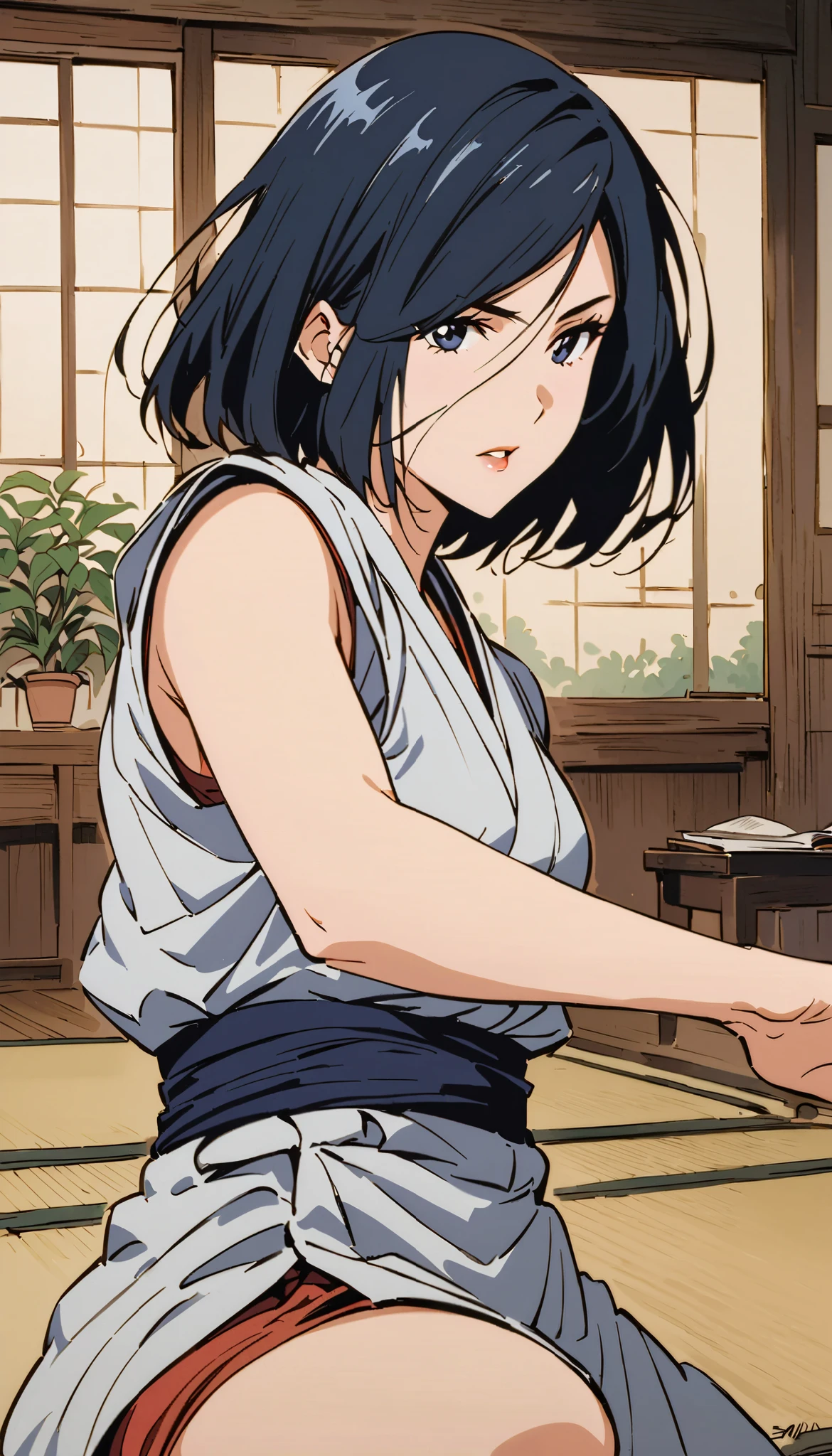 vintage movie, girl, short hair, navy hair, straight hair, woman body, gray kimono, tatami, training, hyuga clan, shinobi village, konohagakure,
fighting stance, {{kaiten pose}}, fighting, kaiten hyuuga, hyuuga clan, ((( byakugan ))), ((izumi solo)), young, it is spinning, and an energy (like wind) surrounds it like a dome