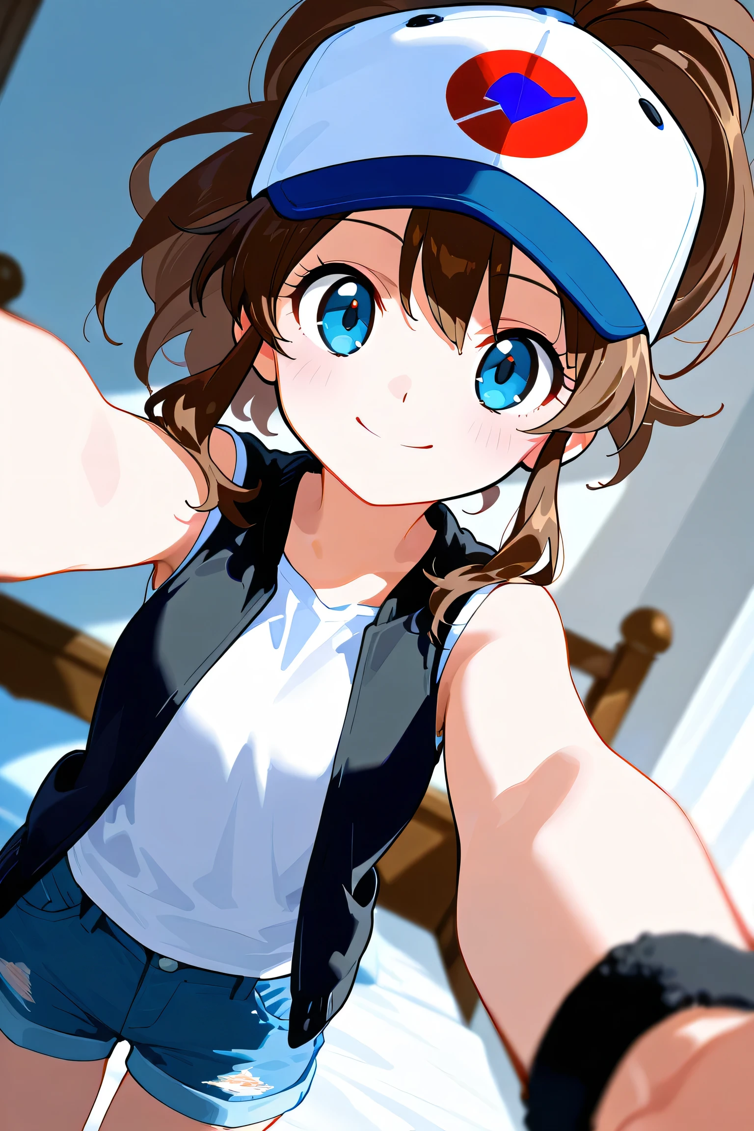 score_9, score_8_up, score_7_up, source_anime,
pokemonhilda, pokemonhilda, blue eyes, brown hair, long hair, ponytail, smile,
baseball cap, blue shorts, denim, hat, shorts, vest, wristband, sleeveless, black vest, white shirt, shirt,
indoors, bed, bed room, on back, arm support, arms up, incoming hug, pov, reaching, reaching towards viewer,
looking at viewer, dutch angle, cowboy shot,