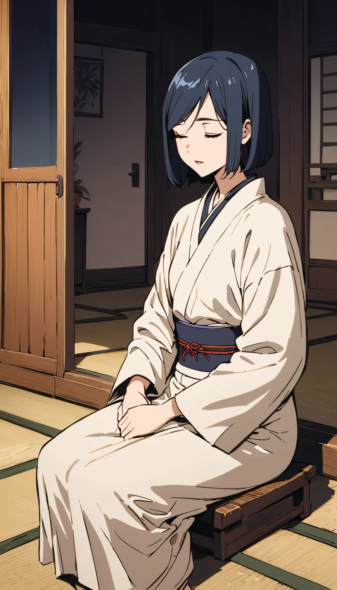 vintage movie, girl, short hair, navy hair, straight hair, woman body, white kimono, tatami, training, hyuga clan, shinobi village, konohagakure,
she's on her knees, praying in silence, eeys closed