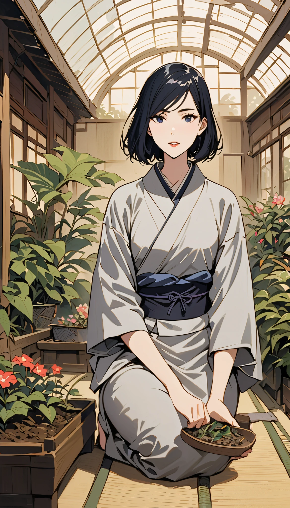 vintage movie, girl, short hair, navy hair, straight hair, woman body, gray kimono, tatami, training, hyuga clan, shinobi village, konohagakure, hyuuga clan, ((( byakugan ))), ((izumi solo)), young, in a greenhouse, planting a flower