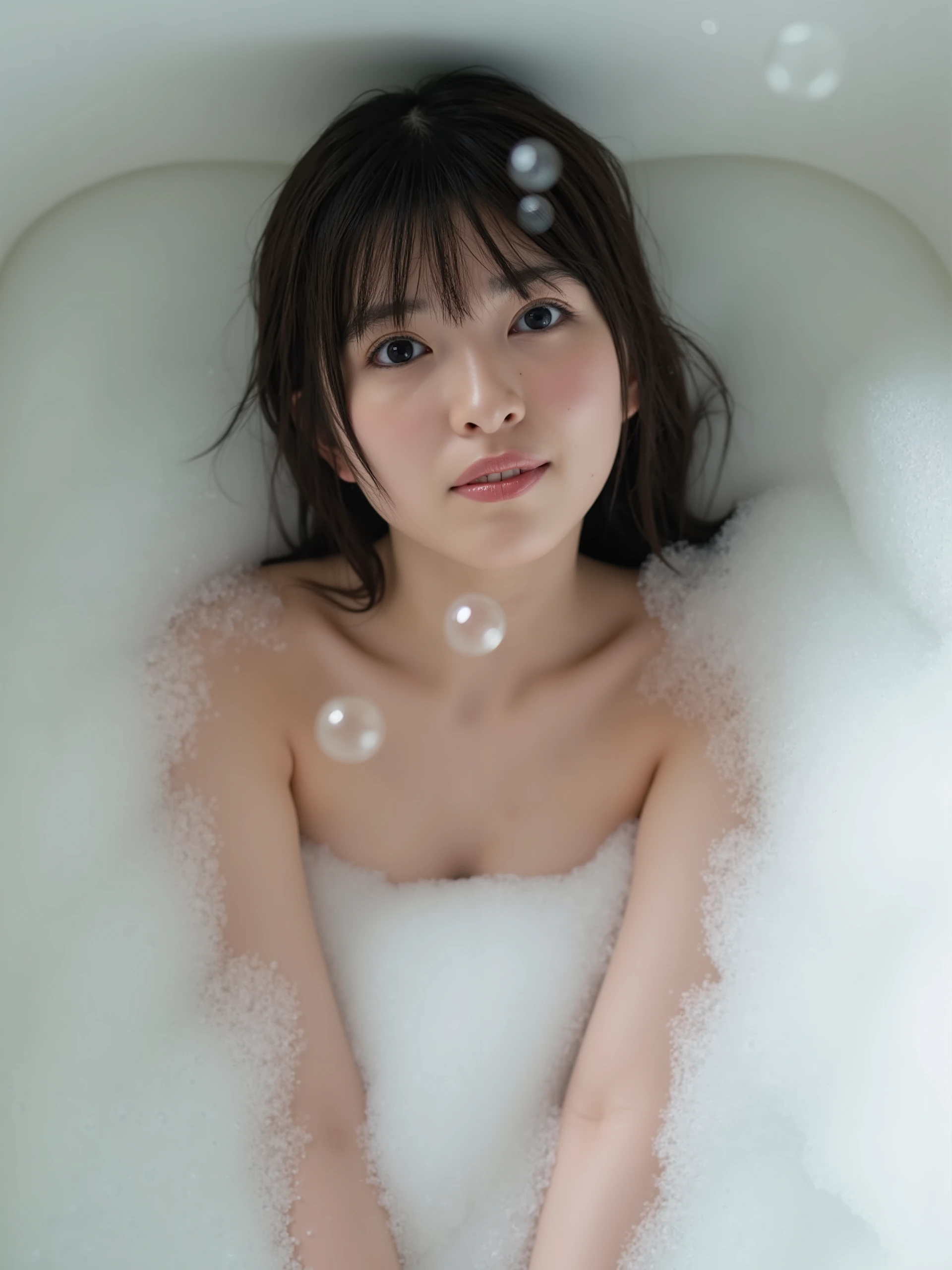 Professional Photoshoot, is present, Wong Ka-wai , photo taken from above of an Asian woman lying in the bathtub, she has long disheveled dark hair , She is taking a bath, she has beautiful makeup , A bathtub full of bubbles , A picture of bubbles flying in the foreground , SFW censored with soap bubbles, intricate and detailed