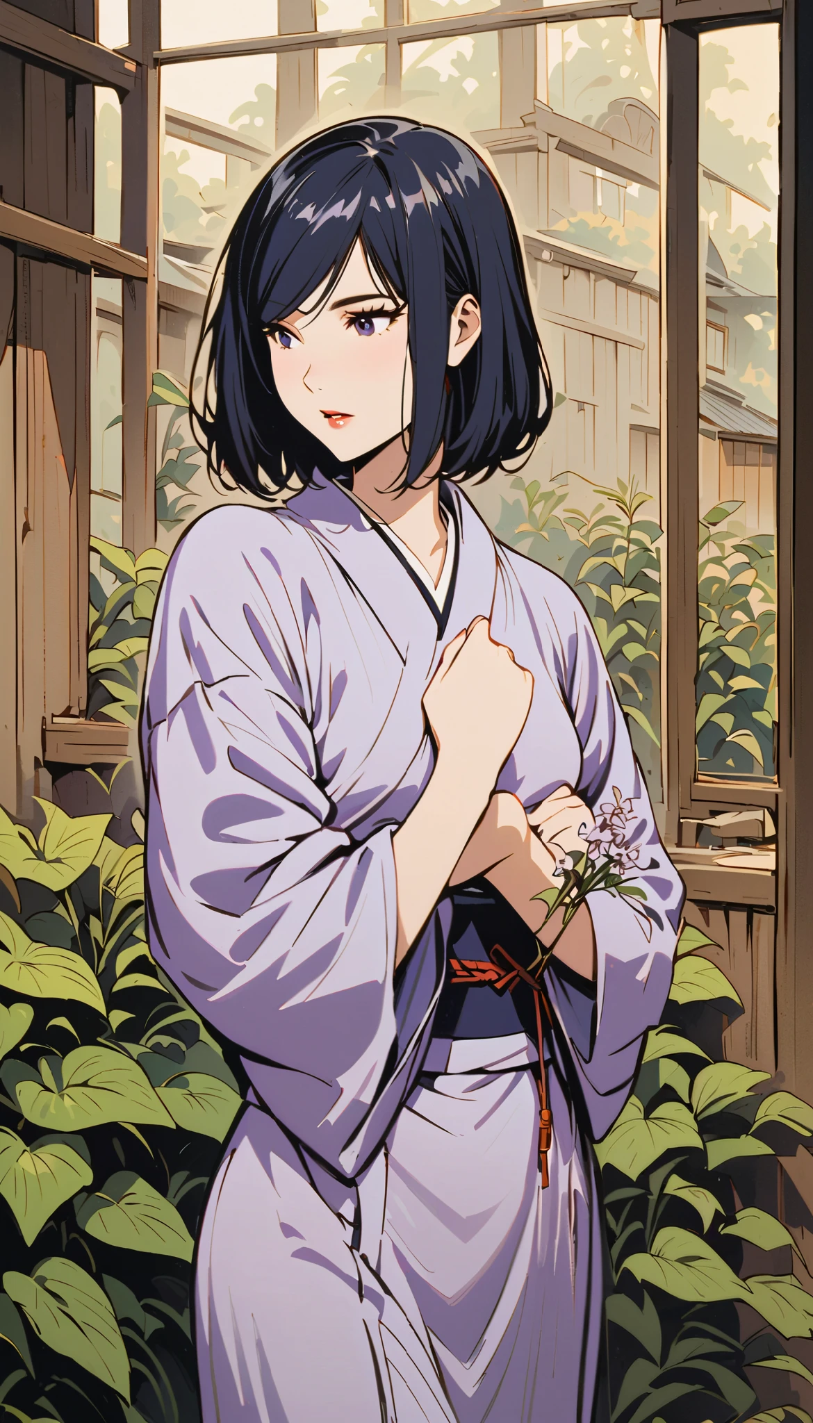 vintage movie, girl, short hair, navy hair, straight hair, woman body, soft lilac kimono, hyuga clan, shinobi village, konohagakure, ((( byakugan ))), ((izumi solo)), young, in a greenhouse, holding a flower
