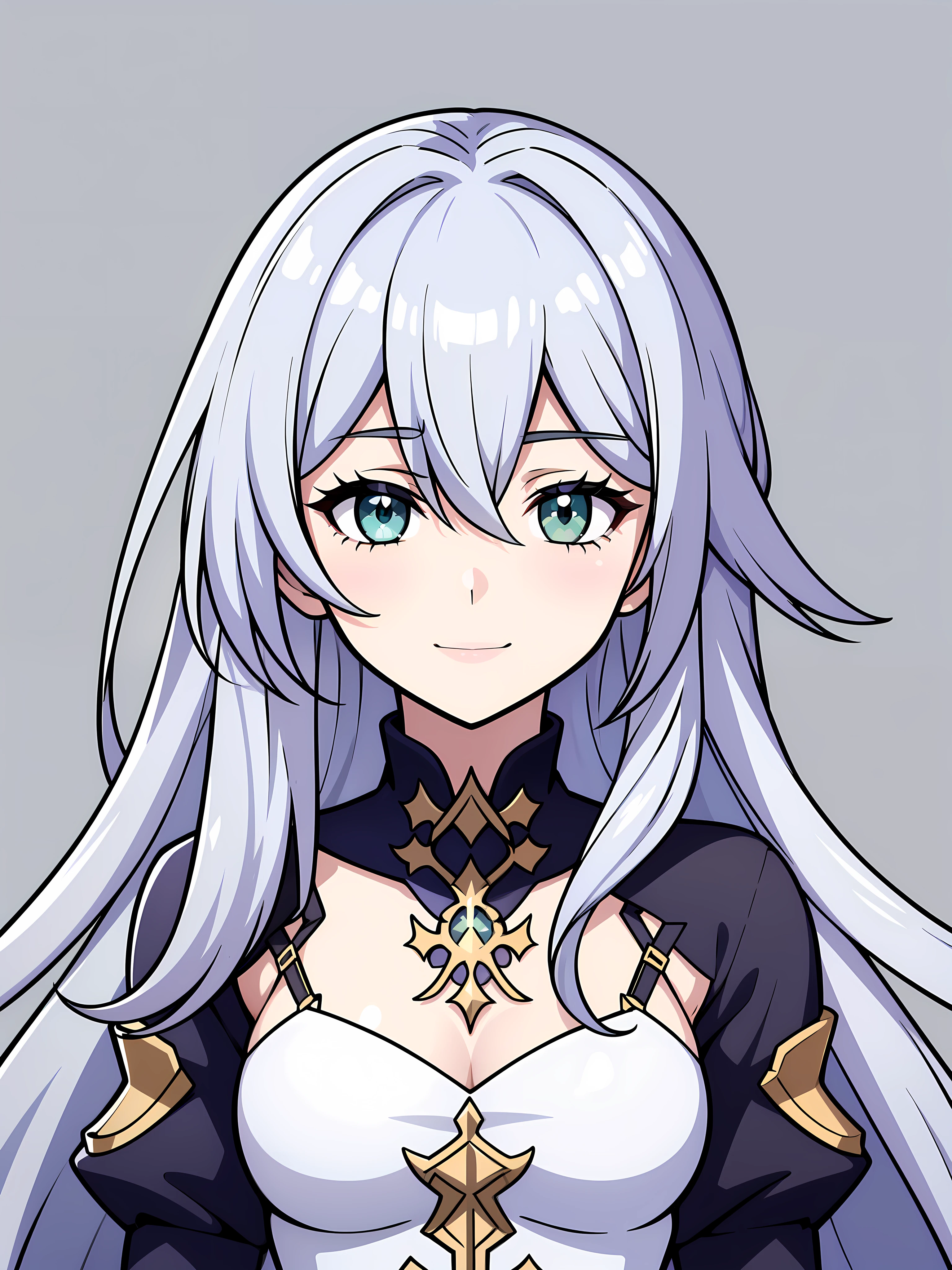 (high-quality, breathtaking),(expressive eyes, perfect face) 1girl, female, portrait, solo, young adult, neutral expression, cute smile, Symmetrical Eyes, Symmetrical ears, grey background, mercenary, gauntlet, cape, long hair, wavy spiky hair, fire emblem three houses art style, white hair, green eyes