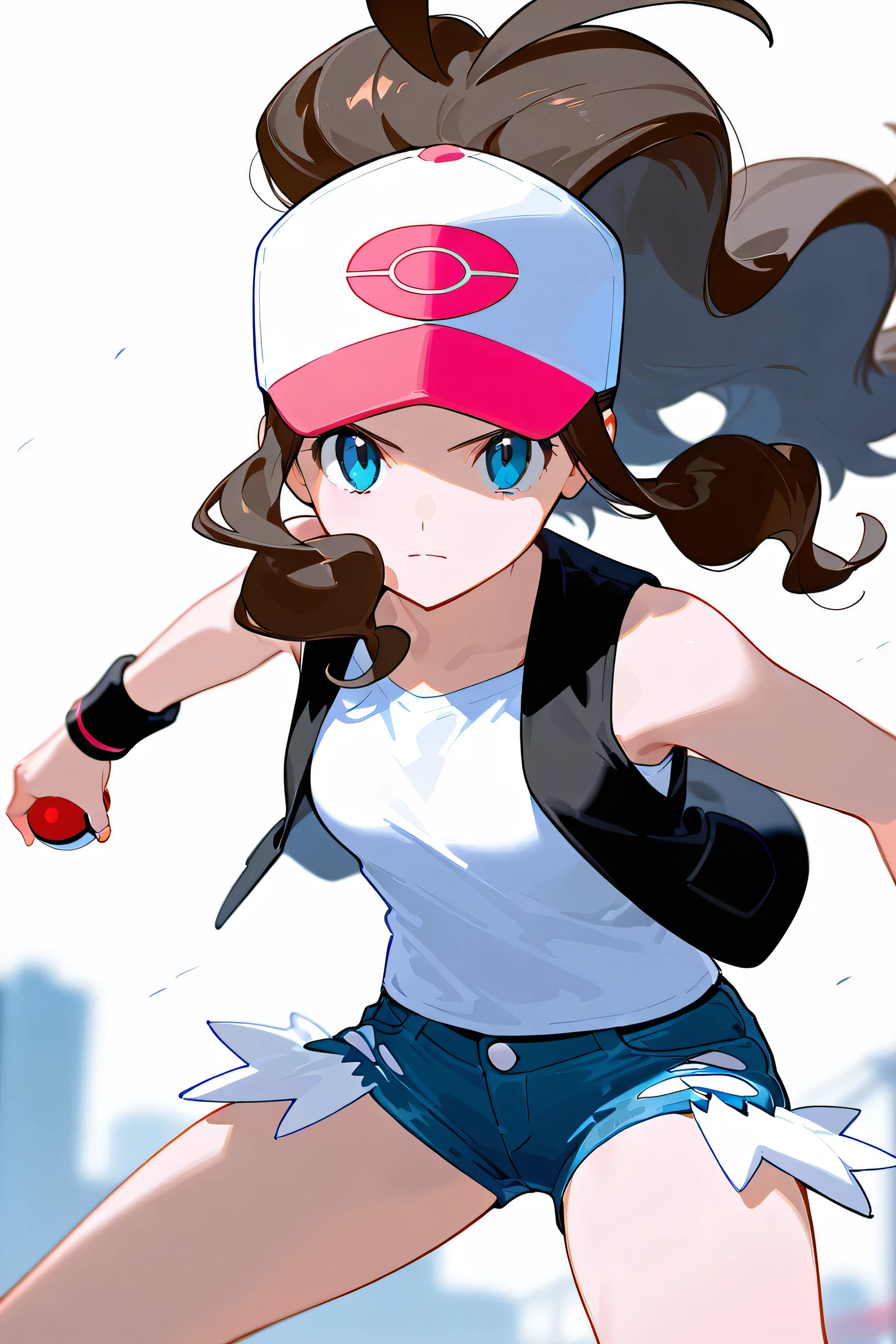 masterpiece, best quality, hilda \(pokemon\), denim shorts, sleeveless shirt, white shirt, black vest, serious, baseball cap, white headwear