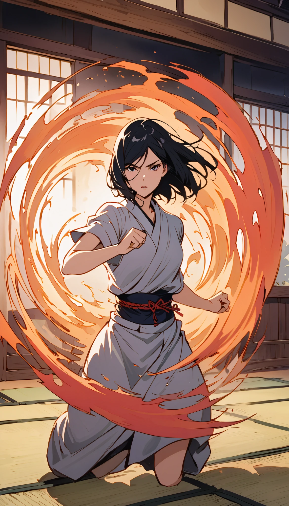 vintage movie, girl, short hair, navy hair, straight hair, woman body, gray kimono, tatami, training, hyuga clan, shinobi village, konohagakure,
fighting stance, {{kaiten pose}}, fighting, kaiten hyuuga, hyuuga clan, ((( byakugan ))), ((izumi solo)), young, it is spinning, and an energy (like wind) surrounds it like a dome, ((perfect hands))